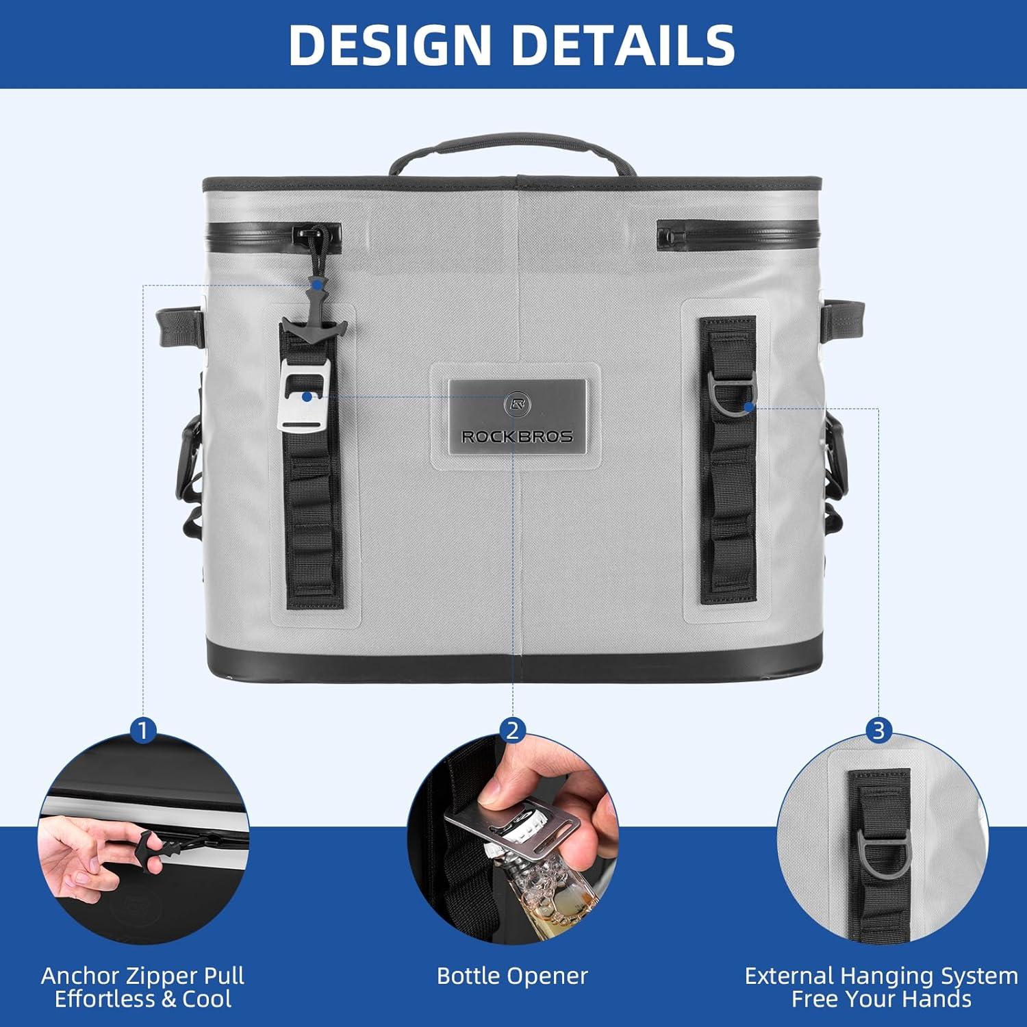 imageROCKBROS Backpack Cooler Waterproof 30 Can Large LeakProof Cooler Bags Insulated Portable Soft Sided Cooler for Ice Beer Drink Travel Fishing Beach Golf Picnic Camping GiftsGray
