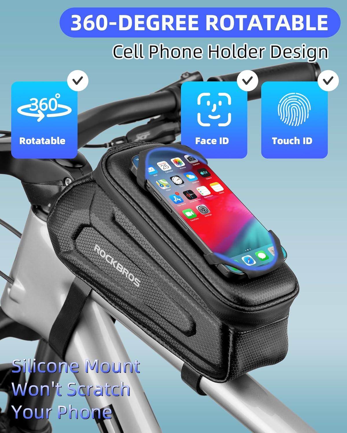 imageROCKBROS Bike Bag Phone Holder Bag Bike Top Tube Bag Bicycle Frame Bag Waterproof Bike Bag Pouch Bike Accessories for Mountain Road Bike MTB Ebikes Compatible with Phone Under 65