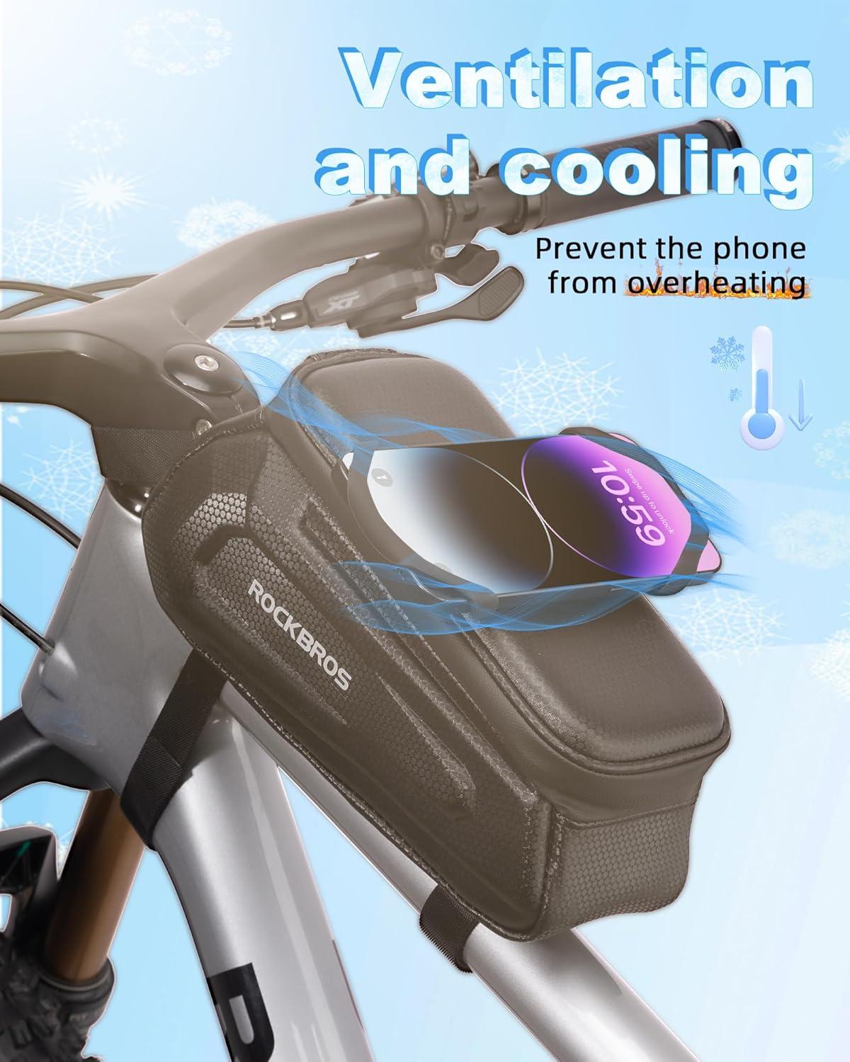 imageROCKBROS Bike Bag Phone Holder Bag Bike Top Tube Bag Bicycle Frame Bag Waterproof Bike Bag Pouch Bike Accessories for Mountain Road Bike MTB Ebikes Compatible with Phone Under 65
