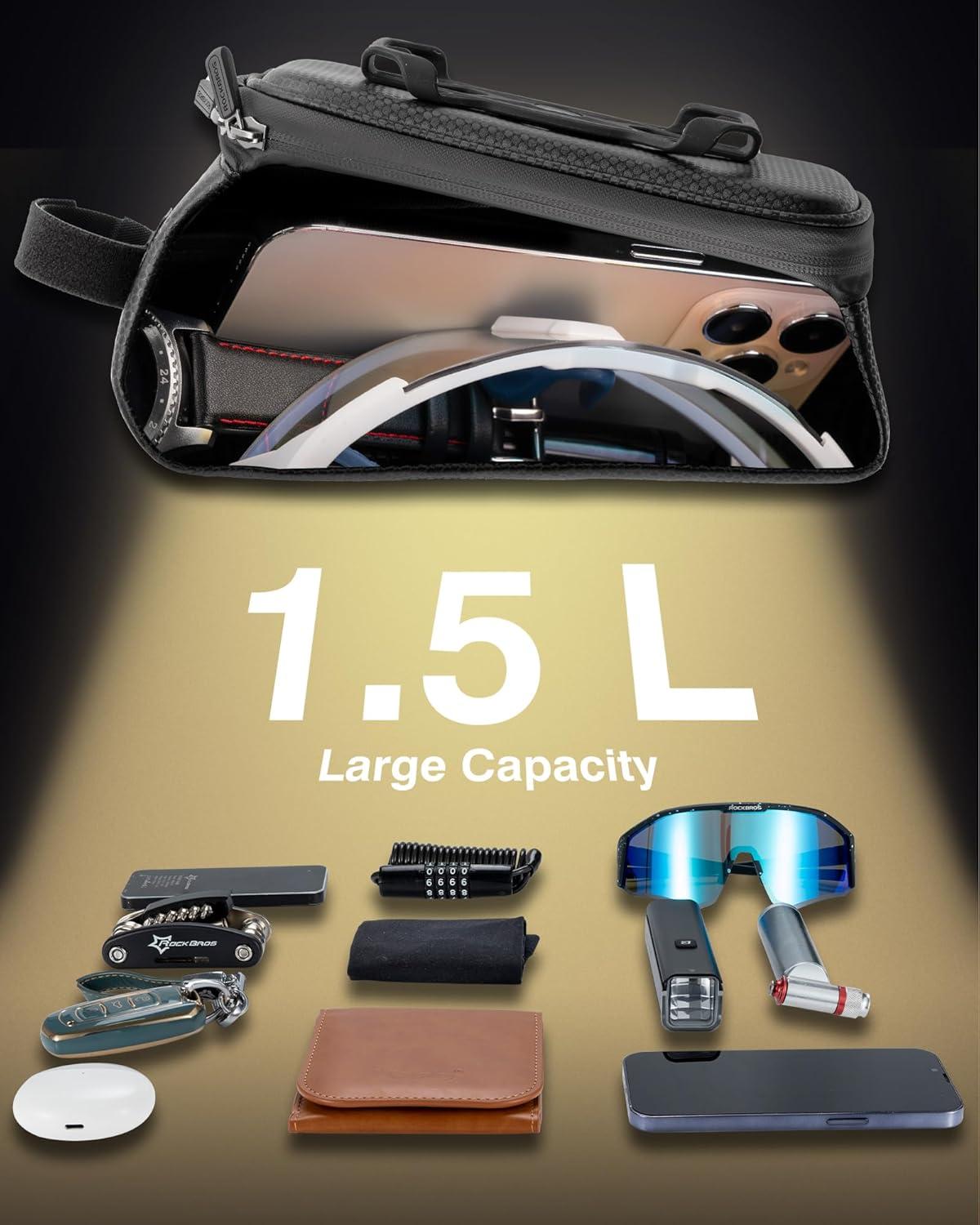imageROCKBROS Bike Bag Phone Holder Bag Bike Top Tube Bag Bicycle Frame Bag Waterproof Bike Bag Pouch Bike Accessories for Mountain Road Bike MTB Ebikes Compatible with Phone Under 65