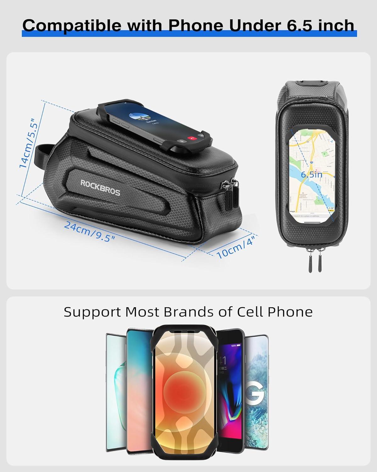 imageROCKBROS Bike Bag Phone Holder Bag Bike Top Tube Bag Bicycle Frame Bag Waterproof Bike Bag Pouch Bike Accessories for Mountain Road Bike MTB Ebikes Compatible with Phone Under 65