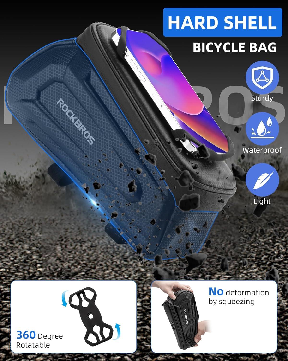 imageROCKBROS Bike Bag Phone Holder Bag Bike Top Tube Bag Bicycle Frame Bag Waterproof Bike Bag Pouch Bike Accessories for Mountain Road Bike MTB Ebikes Compatible with Phone Under 65