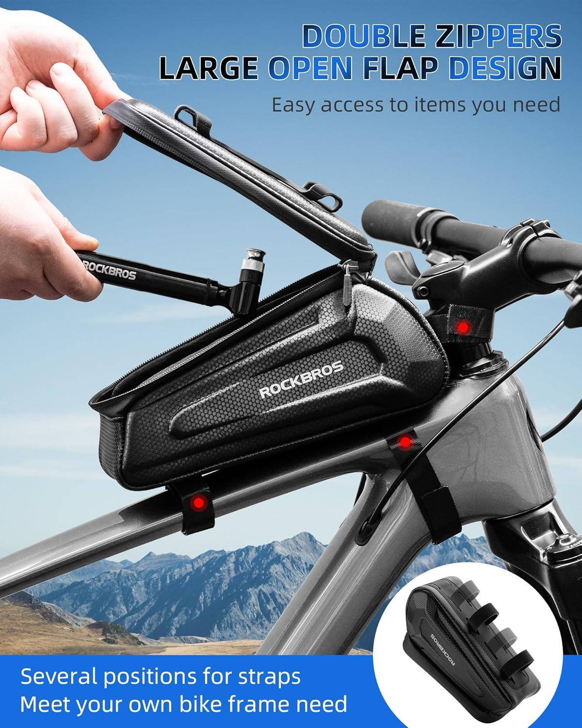 imageROCKBROS Bike Bag Phone Holder Bag Bike Top Tube Bag Bicycle Frame Bag Waterproof Bike Bag Pouch Bike Accessories for Mountain Road Bike MTB Ebikes Compatible with Phone Under 65