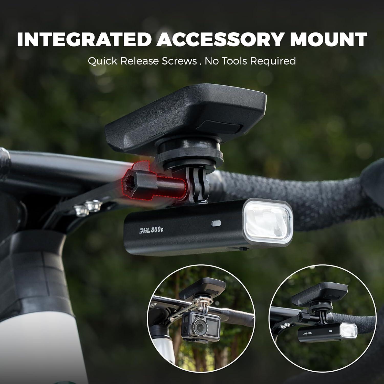 imageROCKBROS Bike Computer Mount Dash Out Front Bike Mount for Aero Integrated Handlebar Compatible with Garmin Wahoo Bryton GoPro Combo Mount with Camera and HeadlightPink