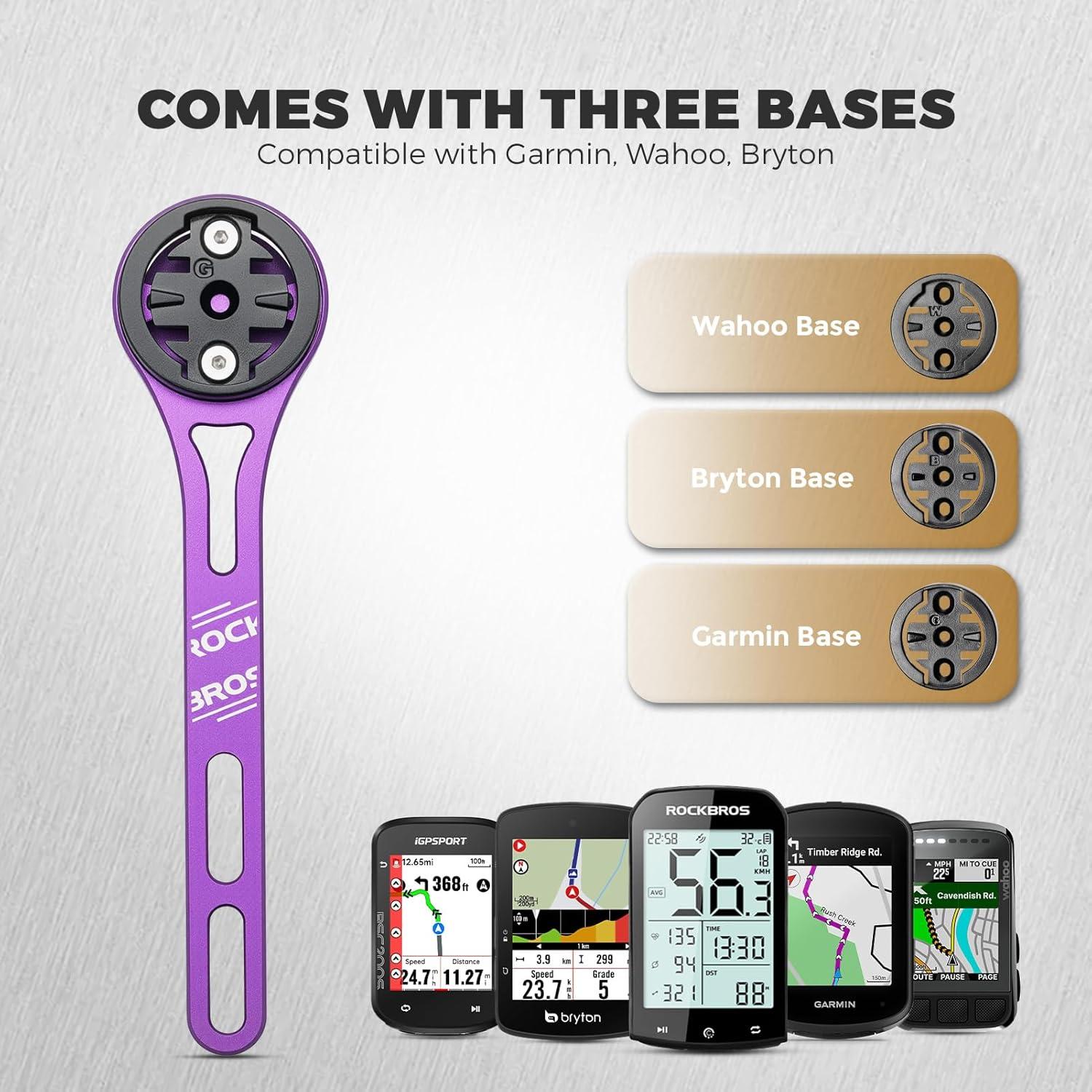 imageROCKBROS Bike Computer Mount Dash Out Front Bike Mount for Aero Integrated Handlebar Compatible with Garmin Wahoo Bryton GoPro Combo Mount with Camera and HeadlightPurple
