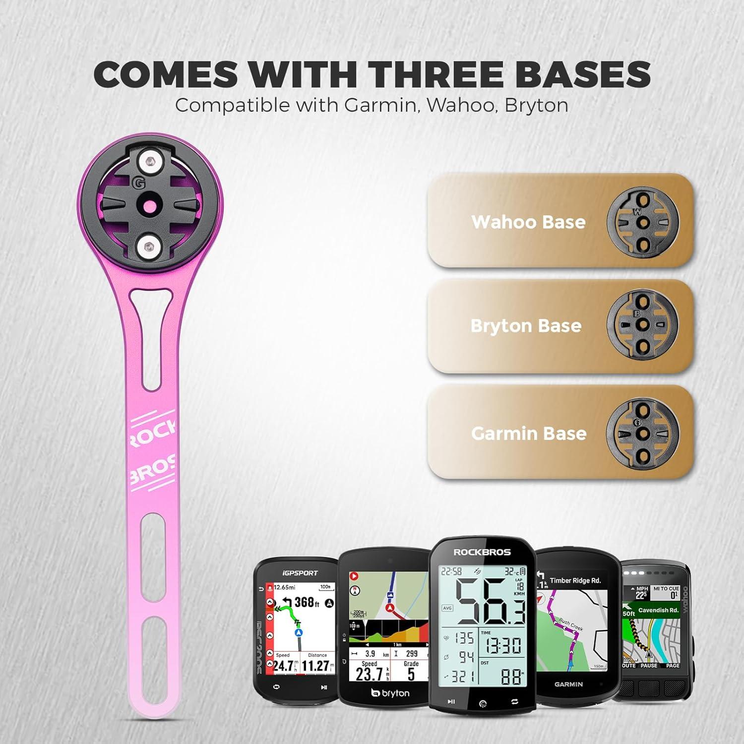 imageROCKBROS Bike Computer Mount Dash Out Front Bike Mount for Aero Integrated Handlebar Compatible with Garmin Wahoo Bryton GoPro Combo Mount with Camera and HeadlightPink