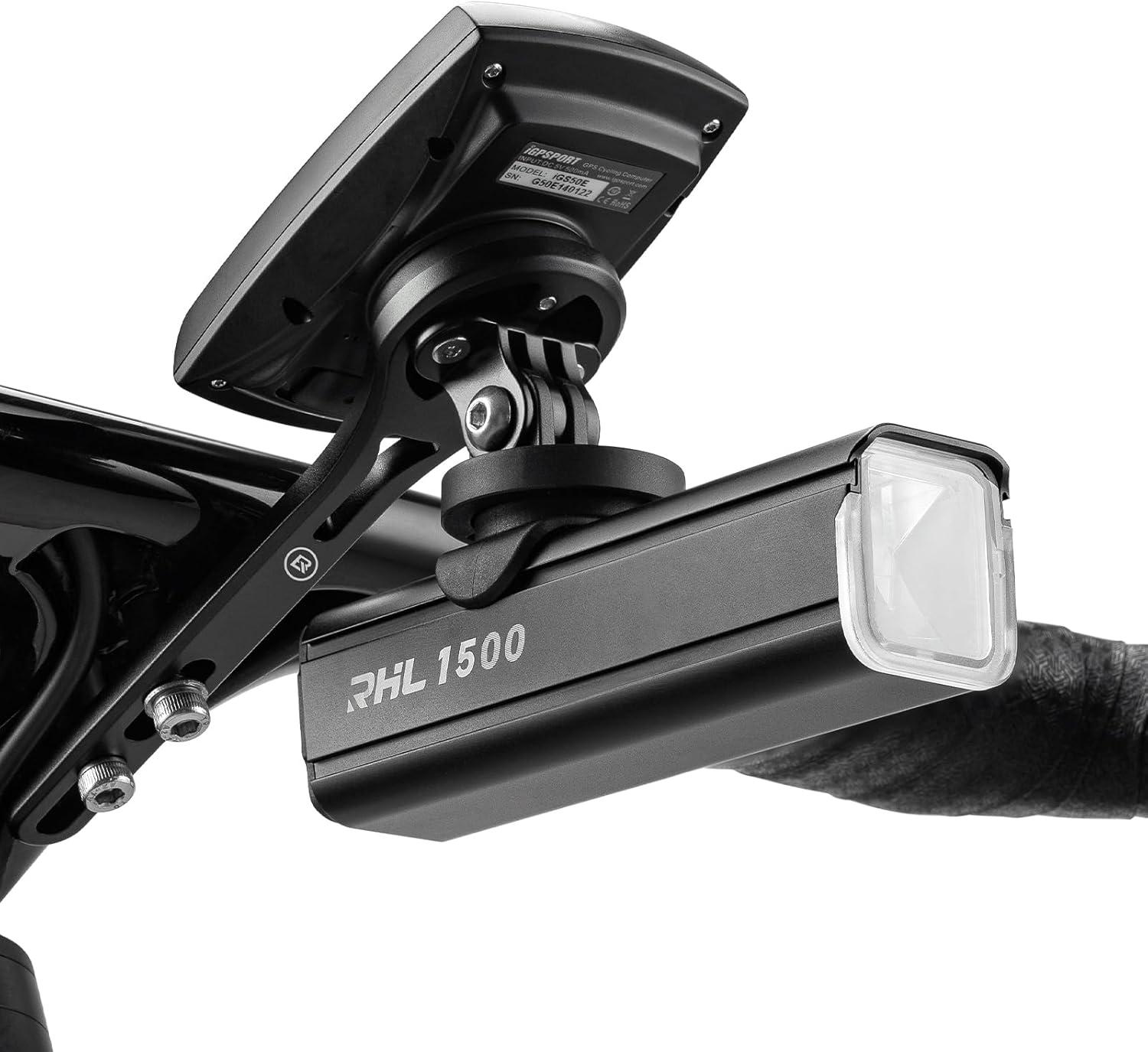 imageROCKBROS Bike Computer Mount Dash Out Front Bike Mount for Aero Integrated Handlebar Compatible with Garmin Wahoo Bryton GoPro Combo Mount with Camera and HeadlightBlack