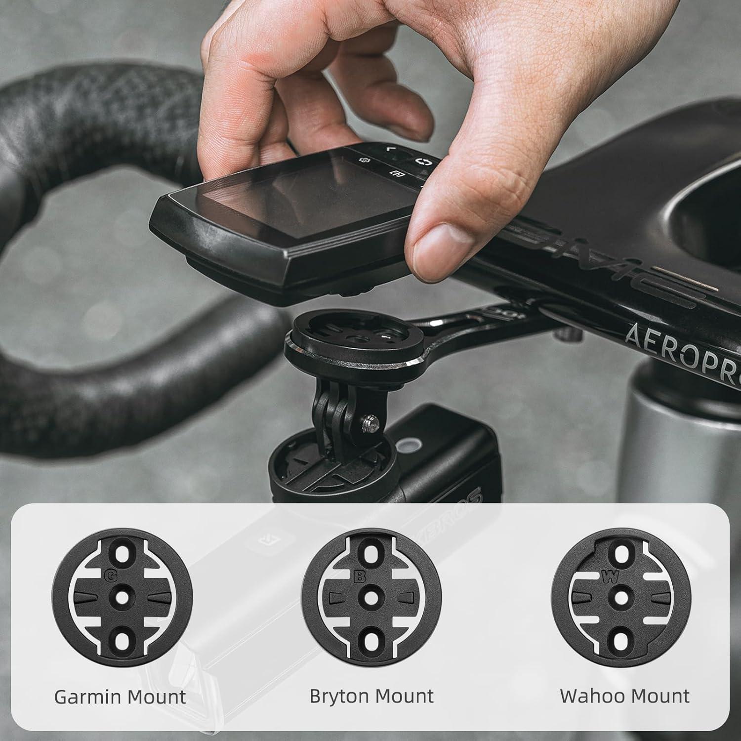 imageROCKBROS Bike Computer Mount Dash Out Front Bike Mount for Aero Integrated Handlebar Compatible with Garmin Wahoo Bryton GoPro Combo Mount with Camera and HeadlightBlack