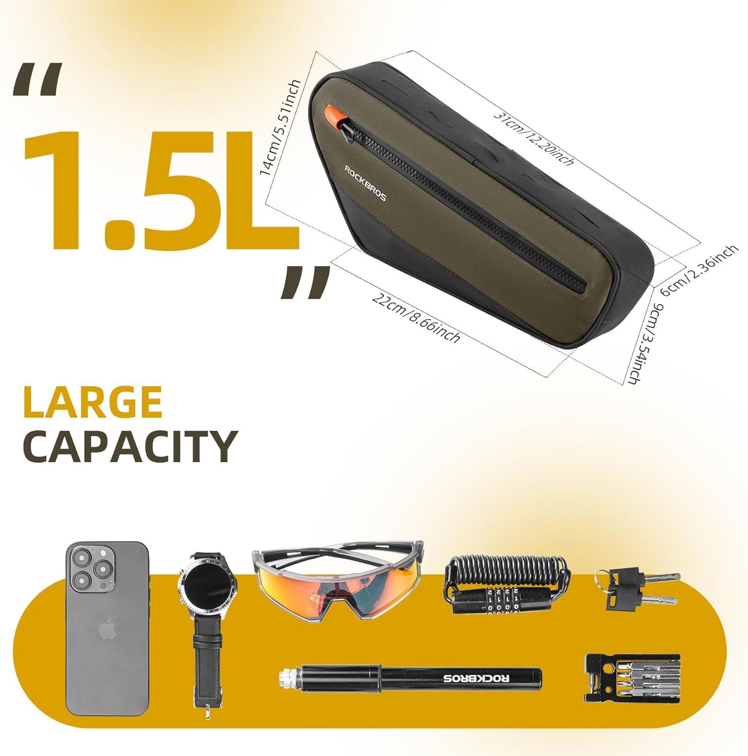 imageROCKBROS Bike Frame Bag Bike Handlebar Bag Bike Bag with Large Opening Zippers Bike Pounch For Mountain Road Bike Quick Release 15L olive drab 30120079001YXUS