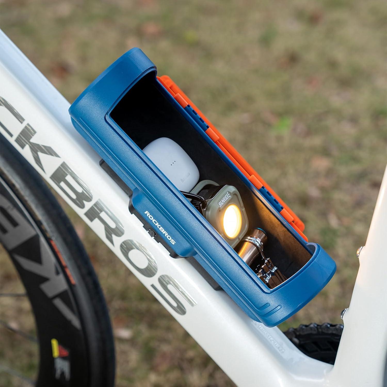 imageROCKBROS Bike Frame Bag Password Storage Box Plastic Hard Shell Key AntiTheft Steel CableScrews Installation Firm Fixed Equipment Universal for Gravel MTB Road Racing CyclingBlue Orange