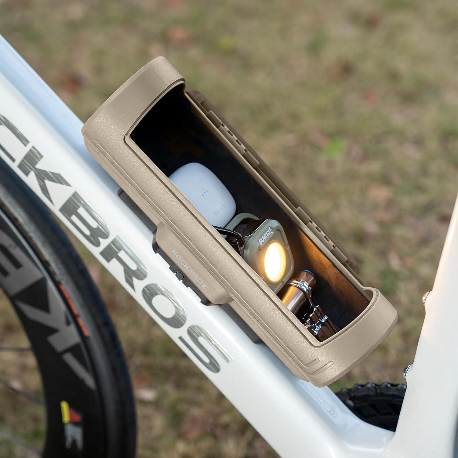 imageROCKBROS Bike Frame Bag Password Storage Box Plastic Hard Shell Key AntiTheft Steel CableScrews Installation Firm Fixed Equipment Universal for Gravel MTB Road Racing CyclingBeige