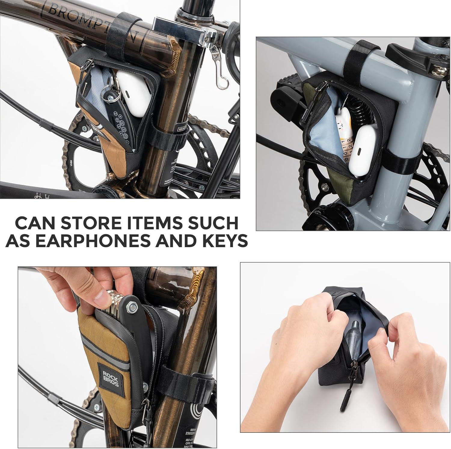 imageROCKBROS Bike Frame Pouch Triangle Bike Pouch Waterproof Small Bicycle Accessories for Boys Girls Men Women Universally Compatible with Road Bikes Brompton Bikes Folding Bikes and Kids BikesKhaki