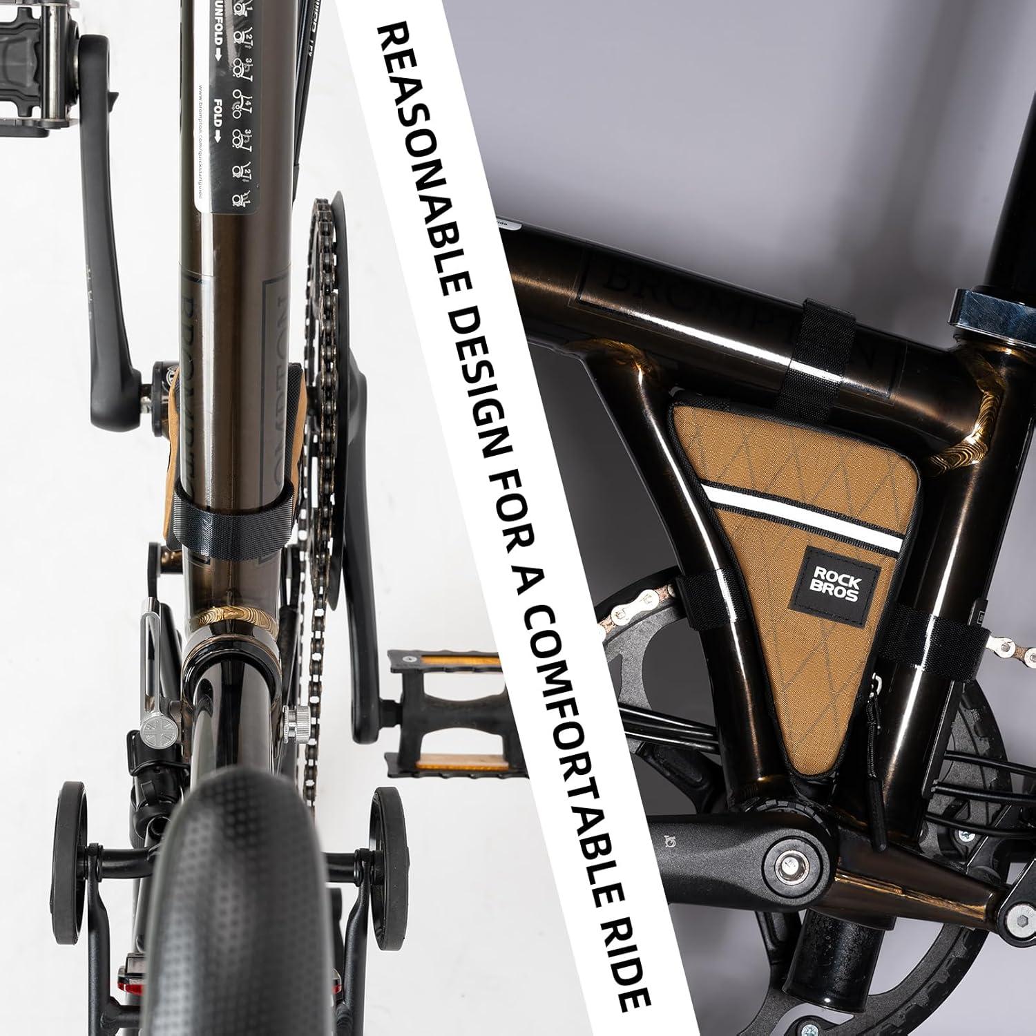 imageROCKBROS Bike Frame Pouch Triangle Bike Pouch Waterproof Small Bicycle Accessories for Boys Girls Men Women Universally Compatible with Road Bikes Brompton Bikes Folding Bikes and Kids BikesKhaki