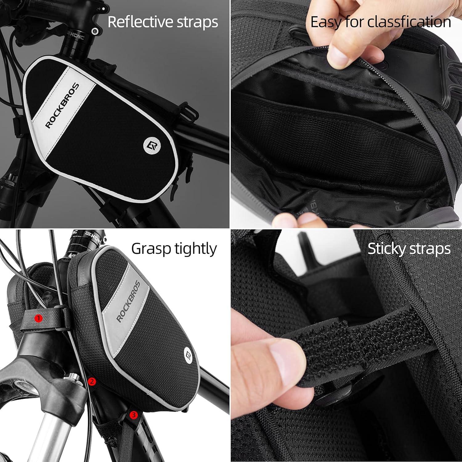 imageROCKBROS Bike Front Frame Bag Top Tube Bike Phone Mount Bag Waterproof Bicycle Handlebar Cycling Accessories Pouch with 360 Rotation Phone Holder Fit Smartphone Below 7