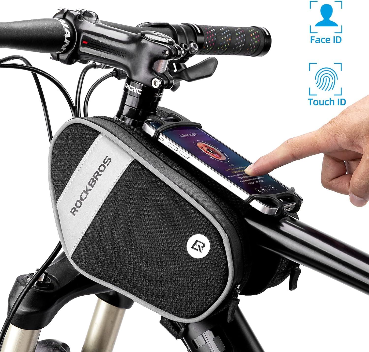 imageROCKBROS Bike Front Frame Bag Top Tube Bike Phone Mount Bag Waterproof Bicycle Handlebar Cycling Accessories Pouch with 360 Rotation Phone Holder Fit Smartphone Below 7