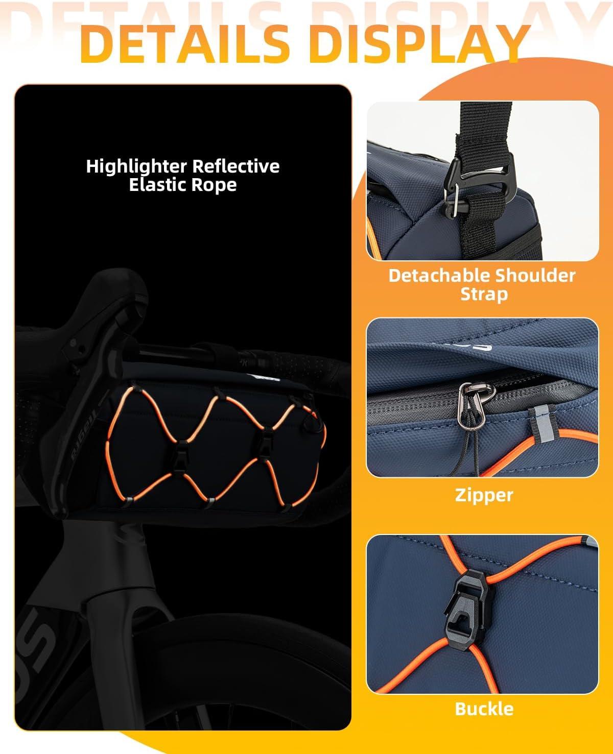 imageROCKBROS Bike Handlebar Bag 22L Bicycle Handle Bar Bag Portable Bike Front Bag Handlebar Storage Bag with Shoulder StrapNavy Blue