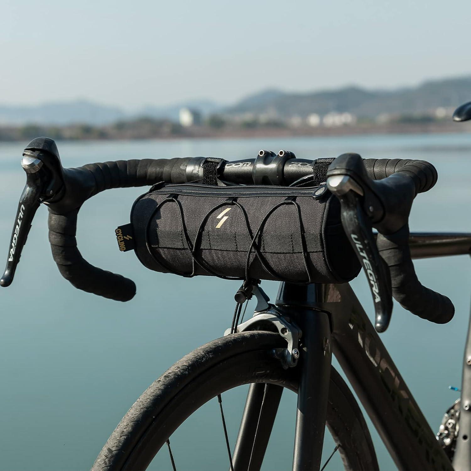 imageROCKBROS Bike Handlebar Bag Small Bicycle Handle Bar Bag Handy Front Bike Bags Handlebar Storage Pouch Pack with Shoulder Strap Little Mountain Road Bike Barrel BagBlack
