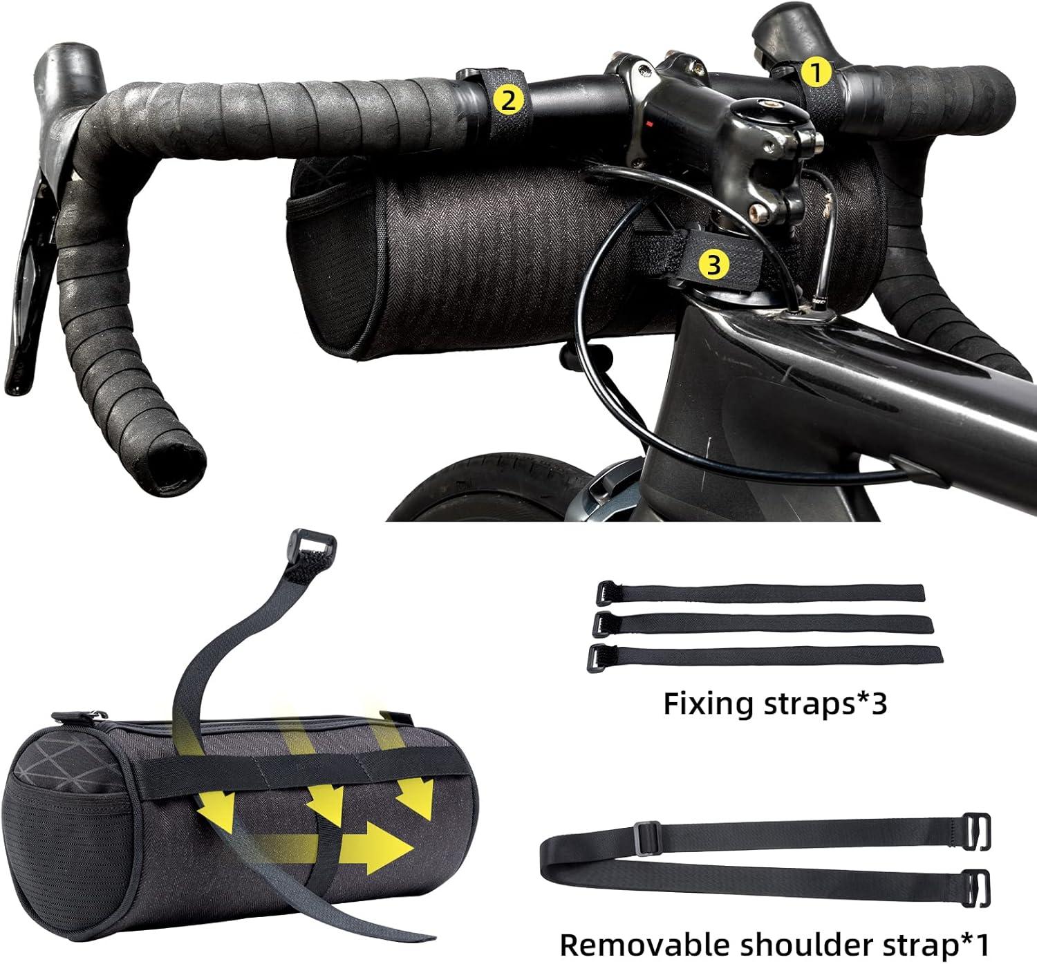 imageROCKBROS Bike Handlebar Bag Small Bicycle Handle Bar Bag Handy Front Bike Bags Handlebar Storage Pouch Pack with Shoulder Strap Little Mountain Road Bike Barrel BagBlack