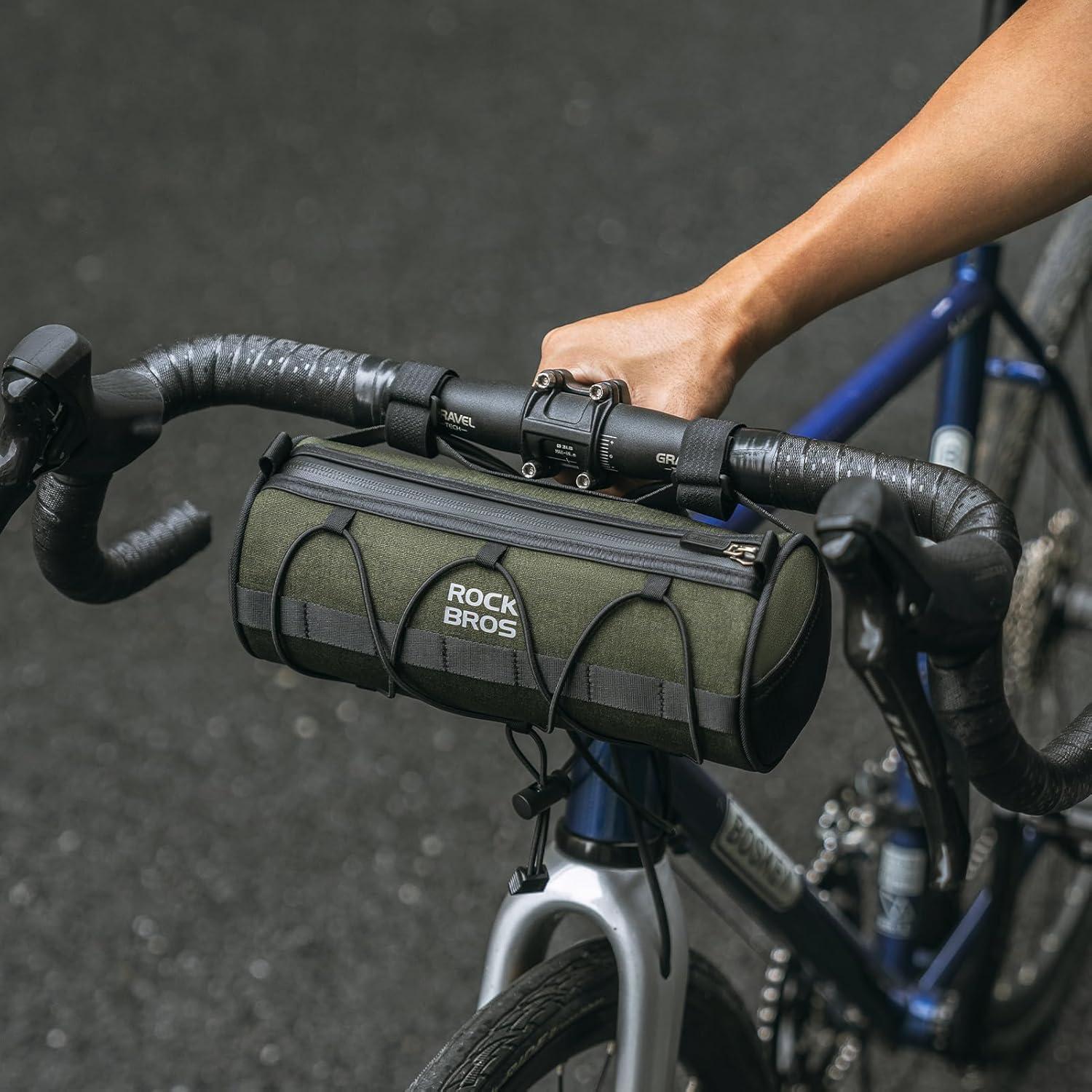 imageROCKBROS Bike Handlebar Bag Small Bicycle Handle Bar Bag Handy Front Bike Bags Handlebar Storage Pouch Pack with Shoulder Strap Little Mountain Road Bike Barrel BagDark Green