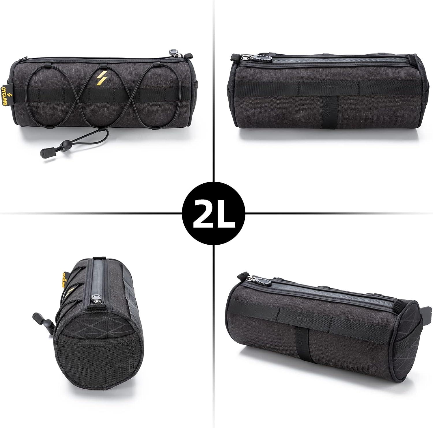 imageROCKBROS Bike Handlebar Bag Small Bicycle Handle Bar Bag Handy Front Bike Bags Handlebar Storage Pouch Pack with Shoulder Strap Little Mountain Road Bike Barrel BagBlack