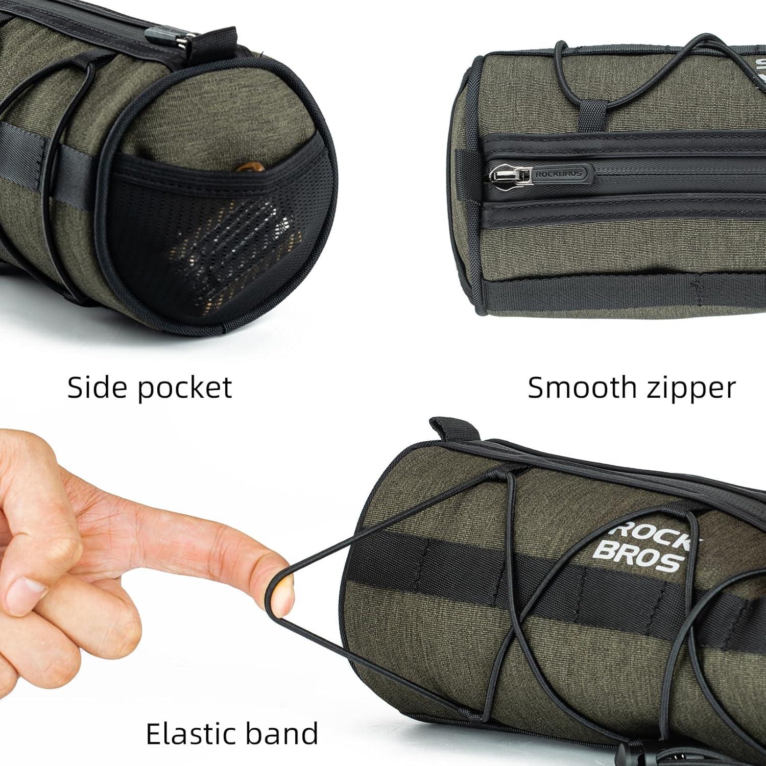 imageROCKBROS Bike Handlebar Bag Small Bicycle Handle Bar Bag Handy Front Bike Bags Handlebar Storage Pouch Pack with Shoulder Strap Little Mountain Road Bike Barrel BagDark Green