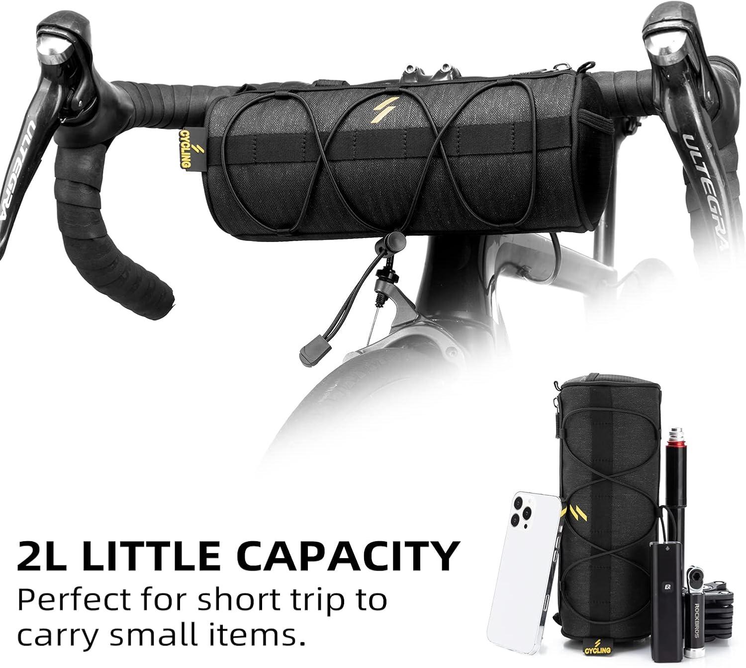 imageROCKBROS Bike Handlebar Bag Small Bicycle Handle Bar Bag Handy Front Bike Bags Handlebar Storage Pouch Pack with Shoulder Strap Little Mountain Road Bike Barrel BagBlack