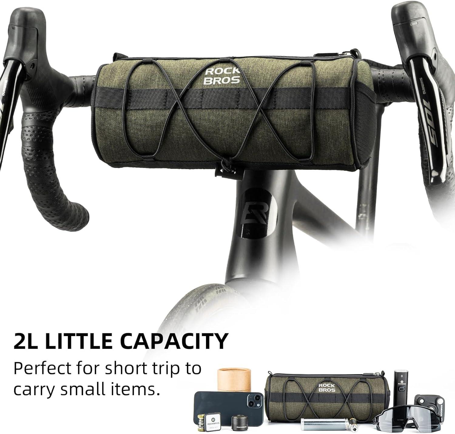 imageROCKBROS Bike Handlebar Bag Small Bicycle Handle Bar Bag Handy Front Bike Bags Handlebar Storage Pouch Pack with Shoulder Strap Little Mountain Road Bike Barrel BagDark Green