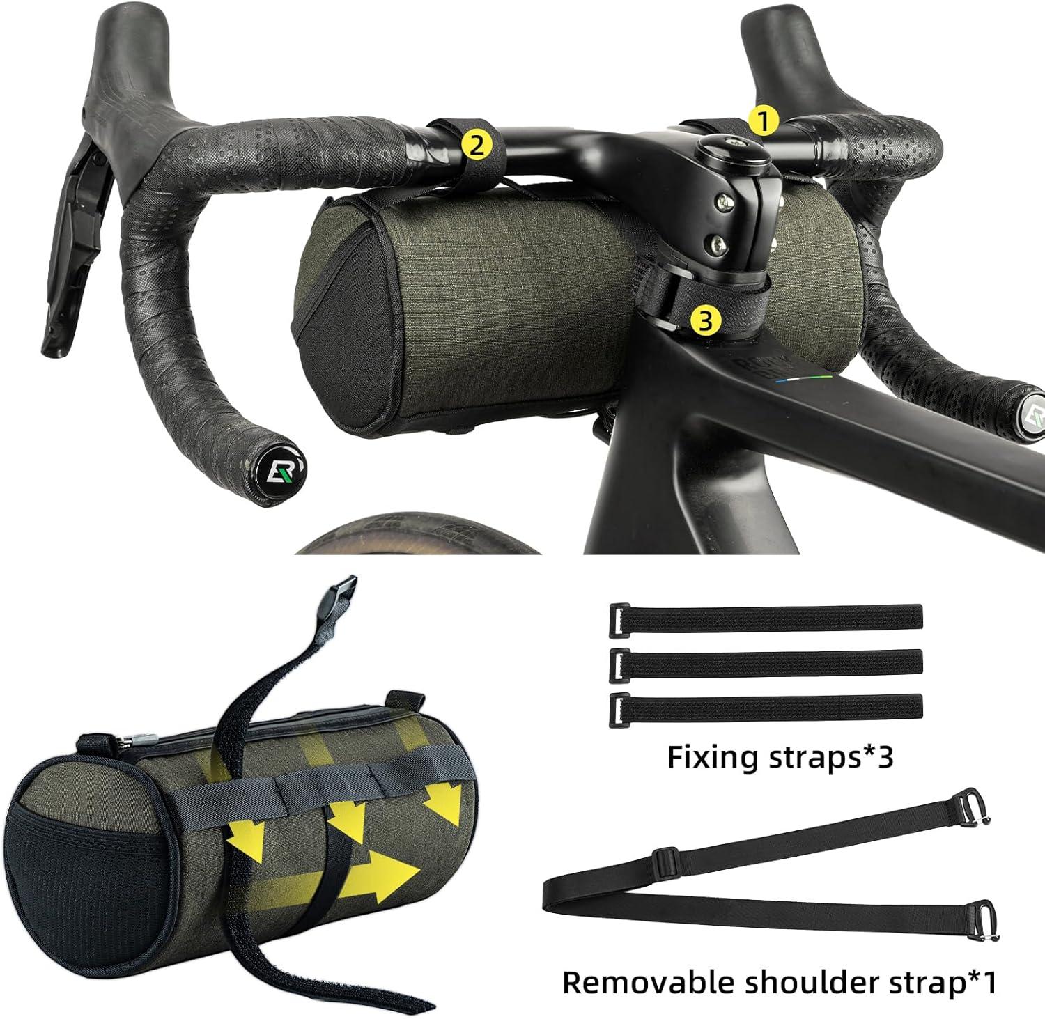 imageROCKBROS Bike Handlebar Bag Small Bicycle Handle Bar Bag Handy Front Bike Bags Handlebar Storage Pouch Pack with Shoulder Strap Little Mountain Road Bike Barrel BagDark Green