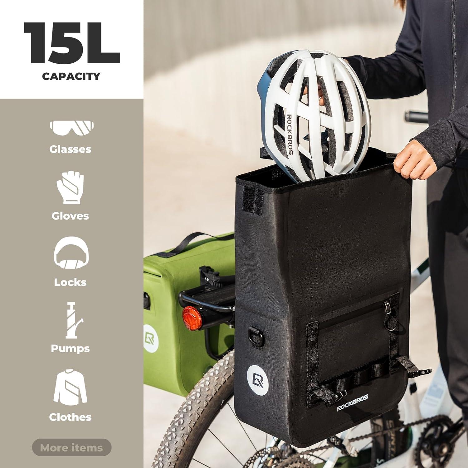 imageROCKBROS Bike Panniers 15L Capacity Waterproof Bike Rack Bag Bicycle Panniers for Cycling Commuting Bikepacking BlackGreen 2PCS
