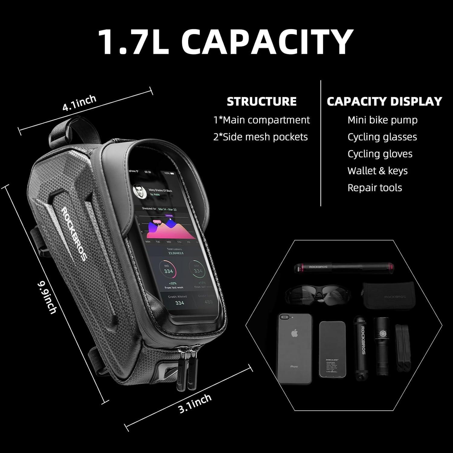 imageROCKBROS Bike Phone Bag Waterproof Bike Bag Phone Mount EVA Hard Shell Bike Pouch with Rain Cover Compatible with iPhone 141211 Pro XR XS Max Phones Below 68