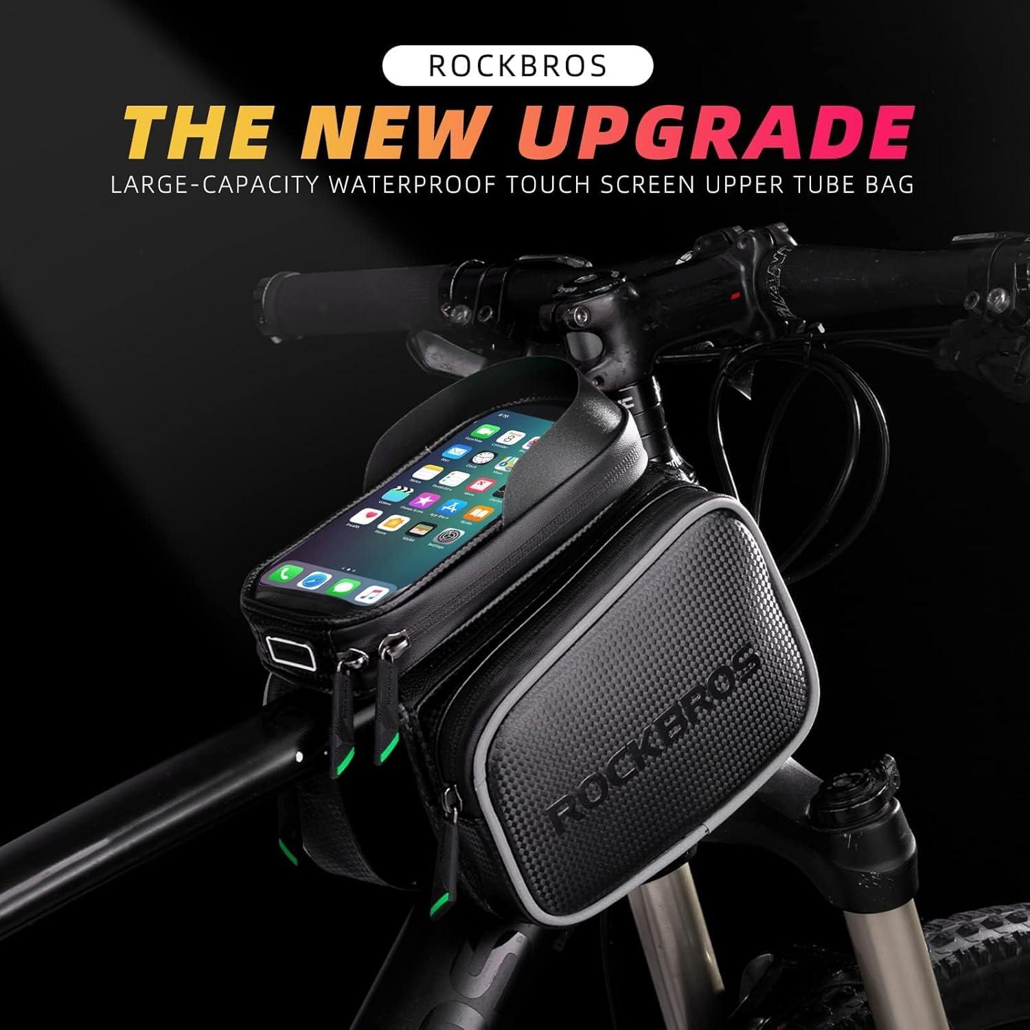 imageROCKBROS Bike Phone Bag Waterproof LargeCapacity Handlebar amp Top Tube Phone Pouch for Cycling Fits Smartphones Up to 62 Inches Storage Case for Road amp Mountain BikesLarge