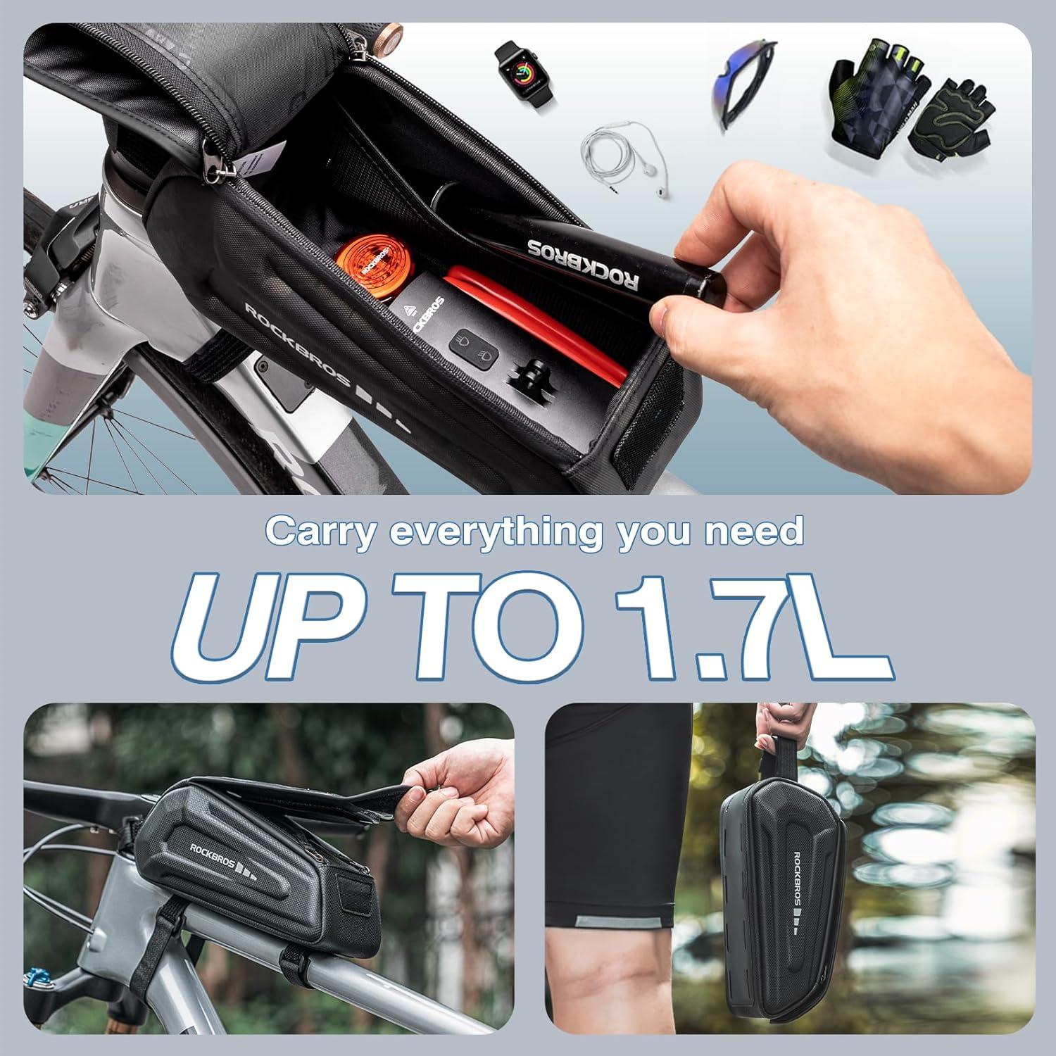 imageROCKBROS Bike Phone Front Frame Bag Bicycle Top Tube Handlebar Bag 3D EVA Bike Phone Mount Holder Bag Bike Accessories Cycling Pouch 17L Compatible Phones Under 7Black