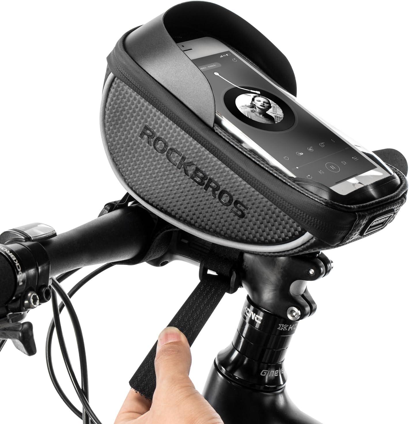imageROCKBROS Bike Phone Mount Bag Bike Front Frame Handlebar Bag Waterproof Bike Phone Holder Case Bicycle Accessories Pouch Sensitive Touch Screen Compatible with iPhone Below 65black