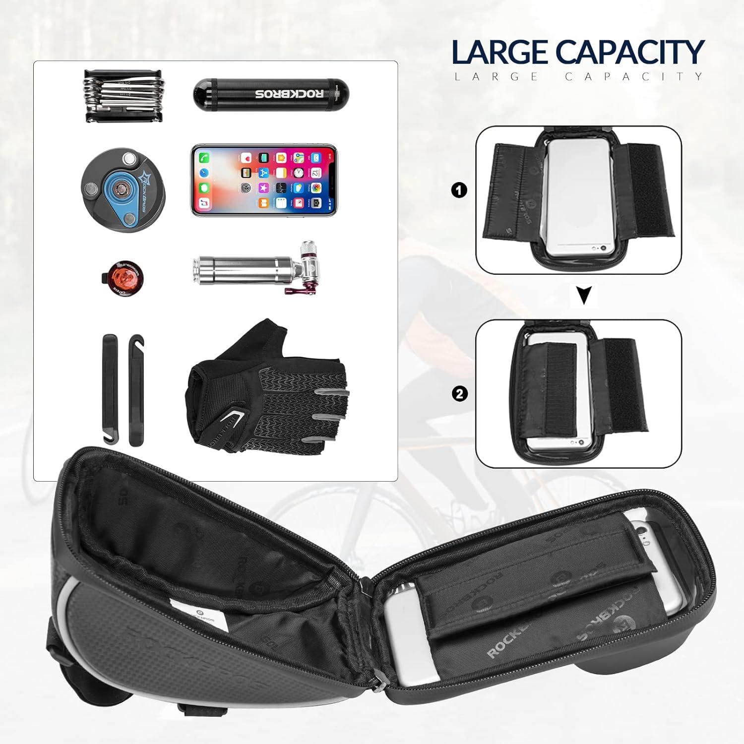 imageROCKBROS Bike Phone Mount Bag Bike Front Frame Handlebar Bag Waterproof Bike Phone Holder Case Bicycle Accessories Pouch Sensitive Touch Screen Compatible with iPhone Below 65black