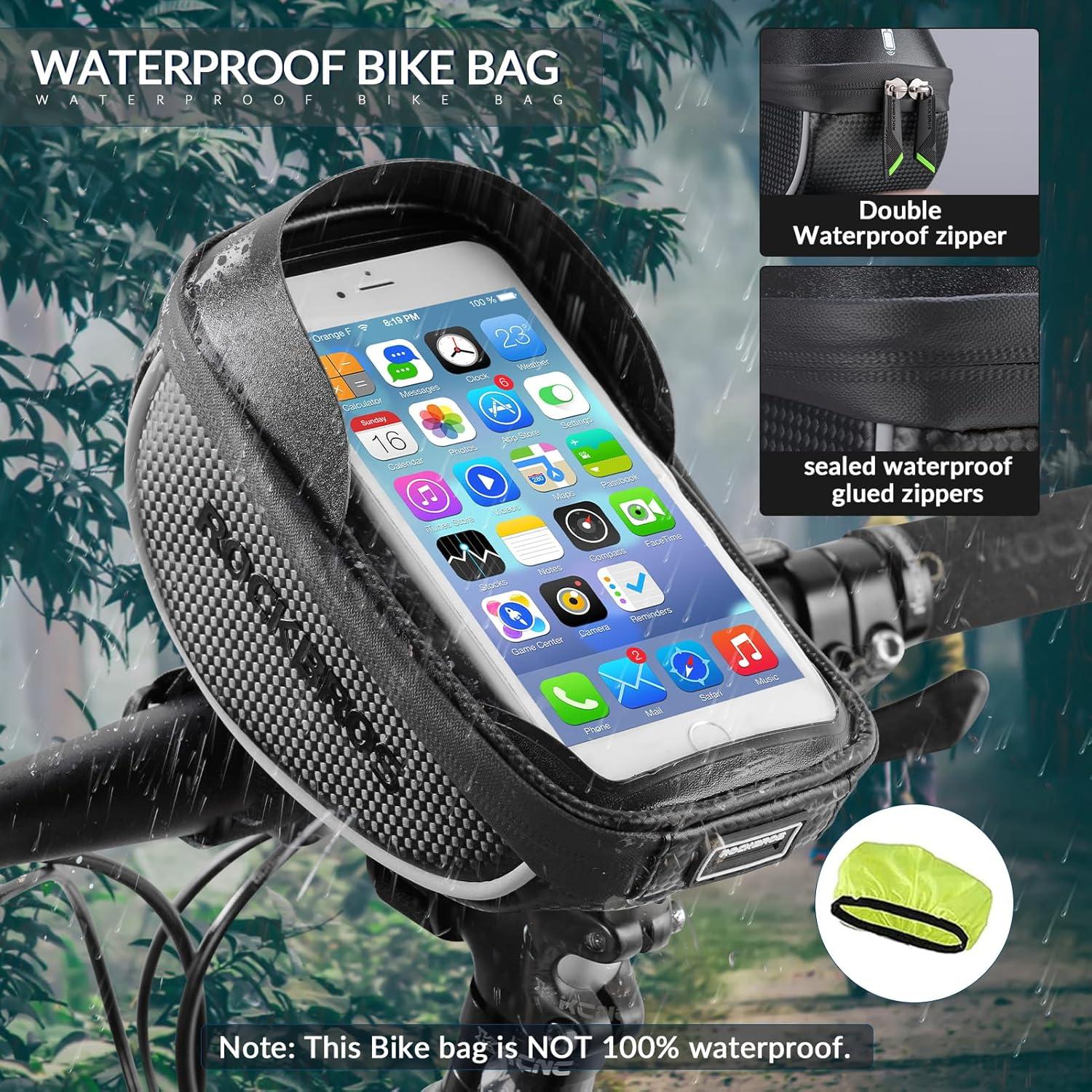 imageROCKBROS Bike Phone Mount Bag Bike Front Frame Handlebar Bag Waterproof Bike Phone Holder Case Bicycle Accessories Pouch Sensitive Touch Screen Compatible with iPhone Below 65black