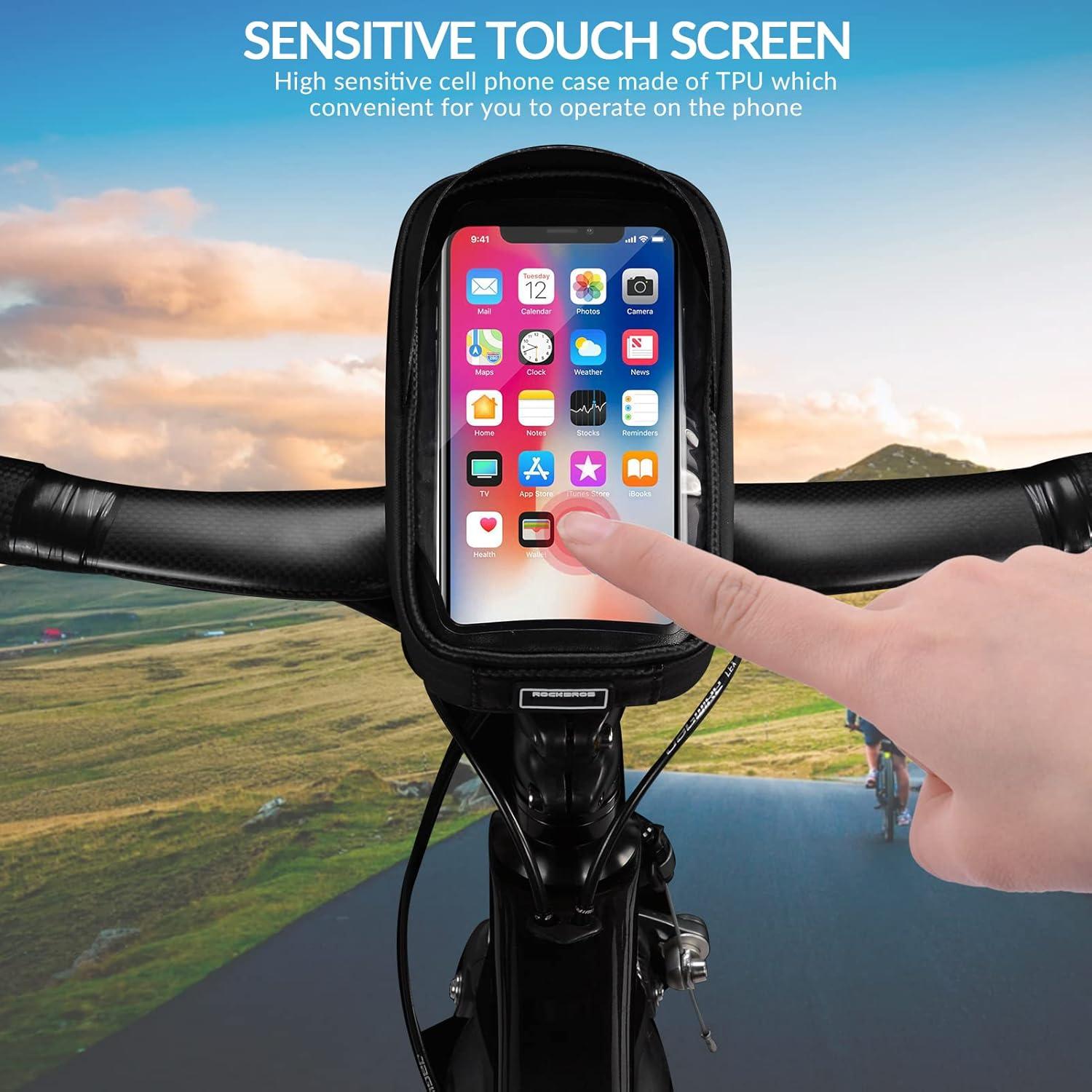 imageROCKBROS Bike Phone Mount Bag Bike Front Frame Handlebar Bag Waterproof Bike Phone Holder Case Bicycle Accessories Pouch Sensitive Touch Screen Compatible with iPhone Below 65black