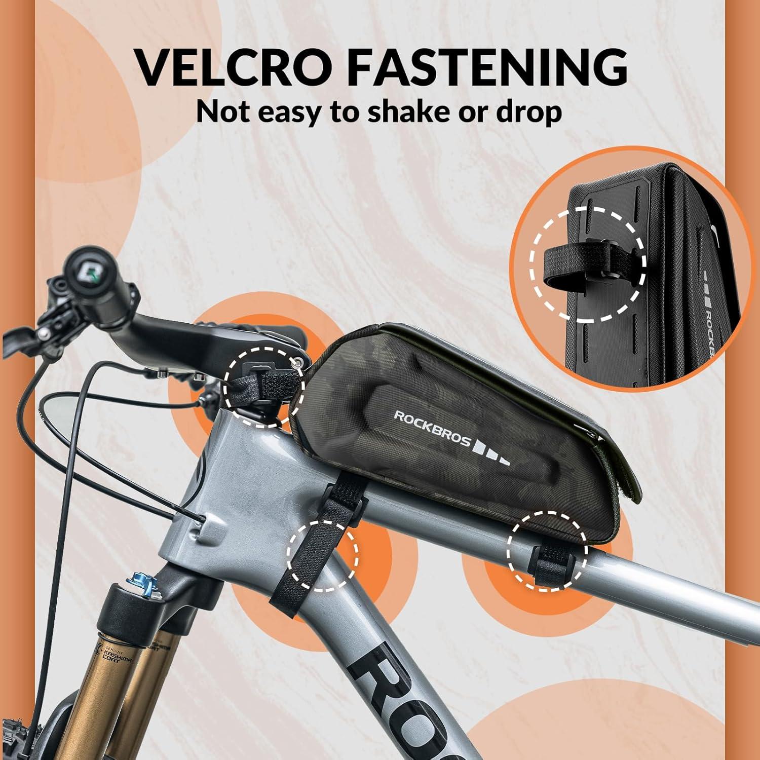 imageROCKBROS Bike Phone Mount Frame Bag Oversized EVA Waterproof Bike Phone Holder Bicycle Top Tube Front Frame Bag Bikes Accessories Gifts Pouch for Phones Under 75 Black17LCamo Hook and Loop 17L