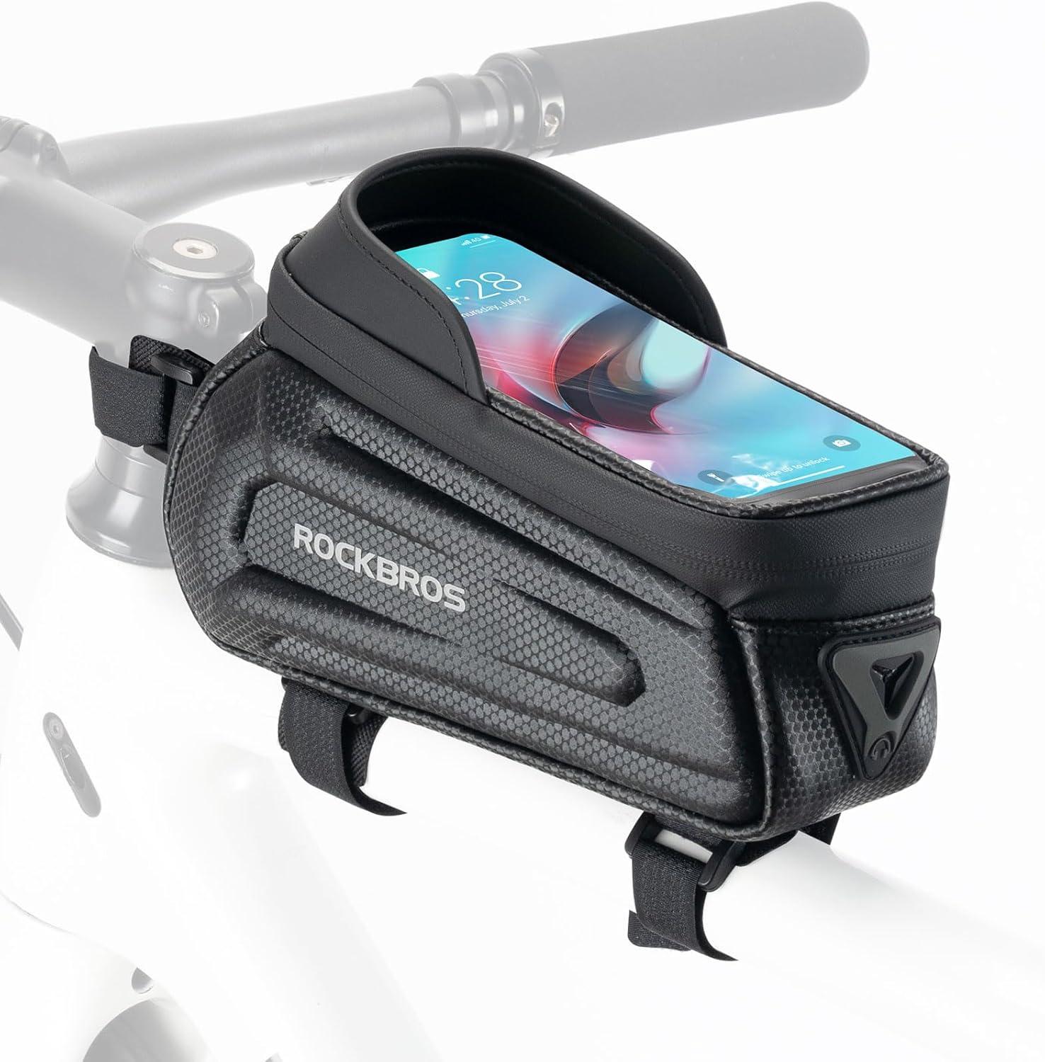 imageROCKBROS Bike Phone Mount Frame Bag Oversized EVA Waterproof Bike Phone Holder Bicycle Top Tube Front Frame Bag Bikes Accessories Gifts Pouch for Phones Under 75 Black17LBlack Hook and Loop 13L