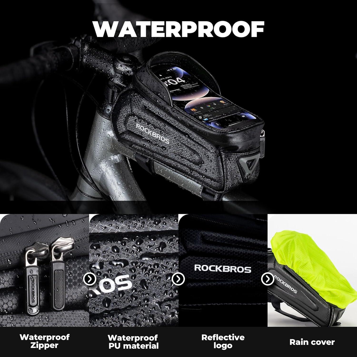 imageROCKBROS Bike Phone Mount Frame Bag Oversized EVA Waterproof Bike Phone Holder Bicycle Top Tube Front Frame Bag Bikes Accessories Gifts Pouch for Phones Under 75 Black17LBlack Hook and Loop 13L
