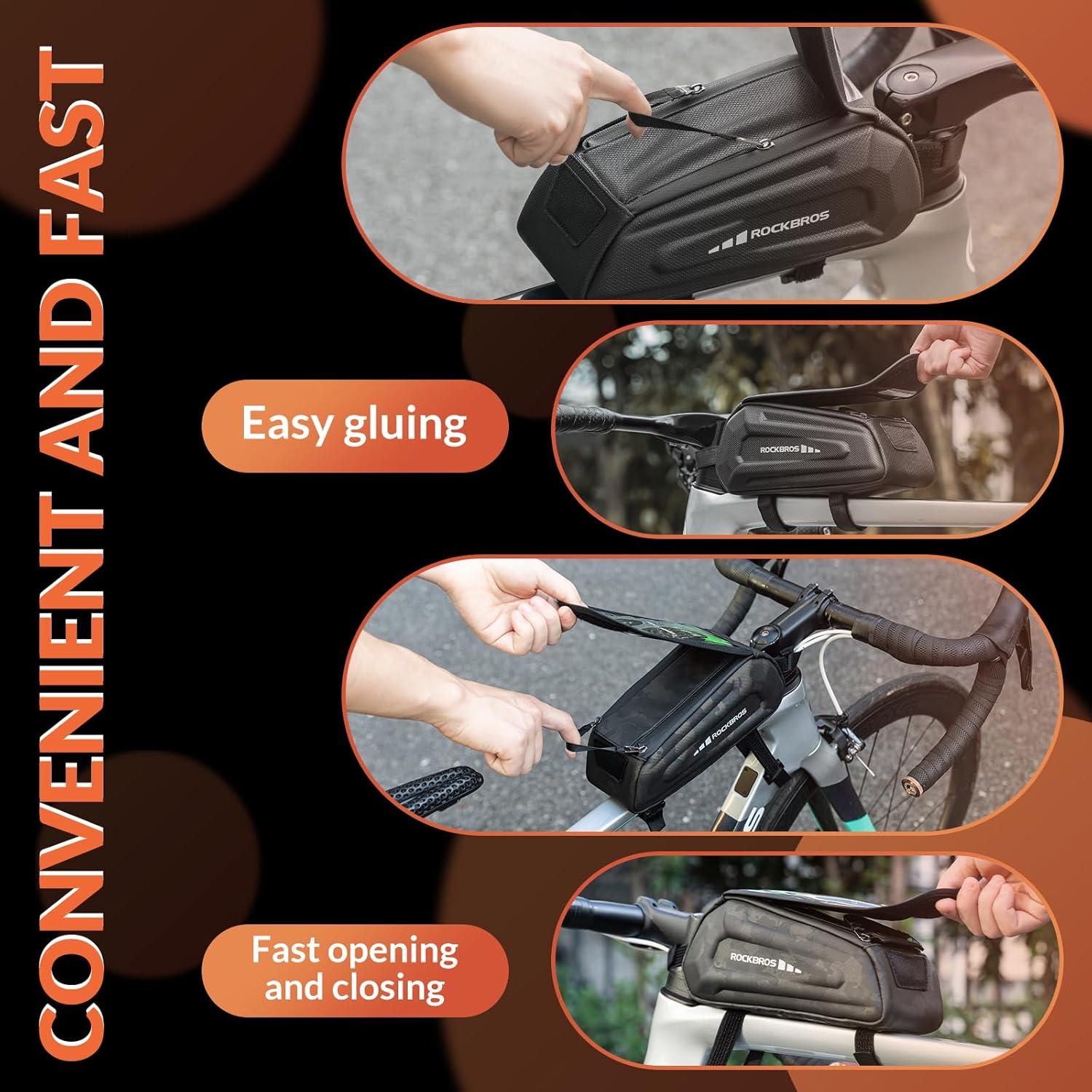 imageROCKBROS Bike Phone Mount Frame Bag Oversized EVA Waterproof Bike Phone Holder Bicycle Top Tube Front Frame Bag Bikes Accessories Gifts Pouch for Phones Under 75 Black17LCamo Hook and Loop 17L