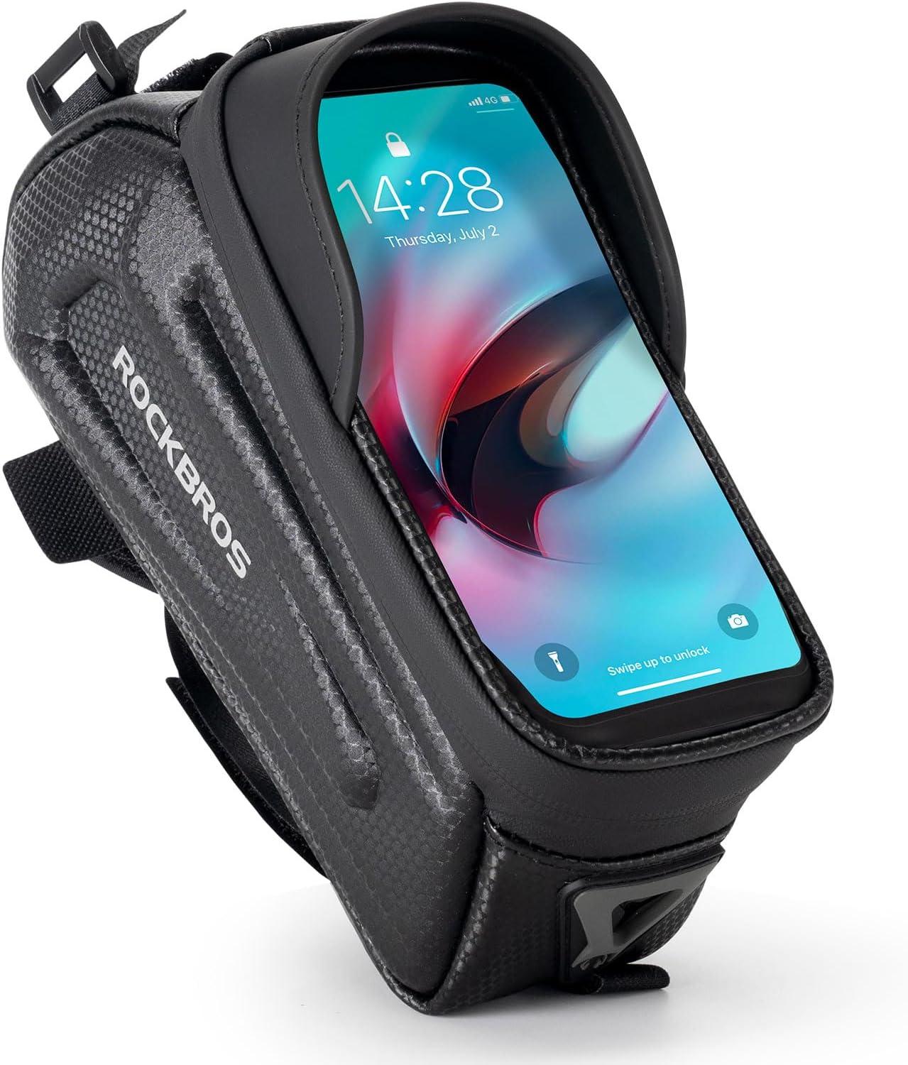 imageROCKBROS Bike Phone Mount Frame Bag Oversized EVA Waterproof Bike Phone Holder Bicycle Top Tube Front Frame Bag Bikes Accessories Gifts Pouch for Phones Under 75 Black17LBlack Hook and Loop 13L