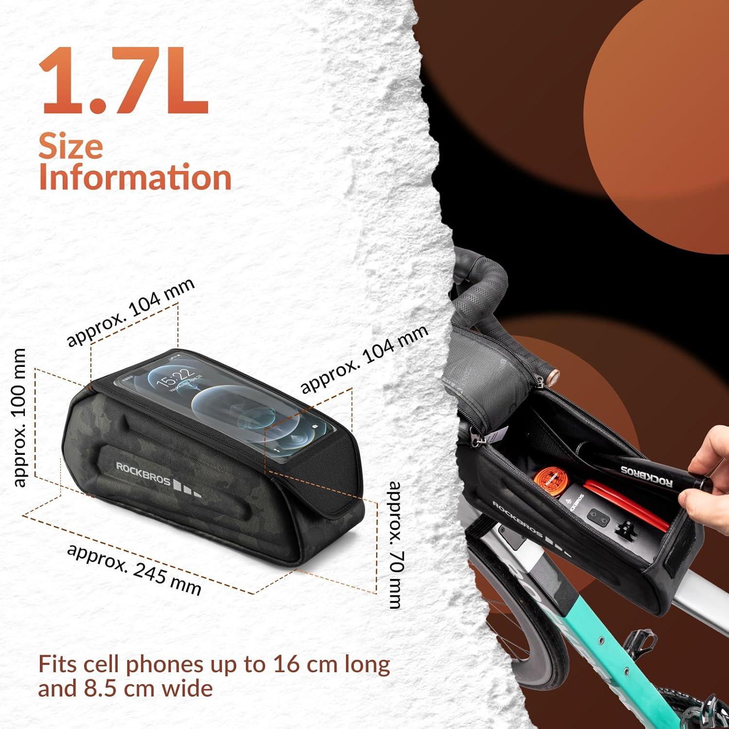 imageROCKBROS Bike Phone Mount Frame Bag Oversized EVA Waterproof Bike Phone Holder Bicycle Top Tube Front Frame Bag Bikes Accessories Gifts Pouch for Phones Under 75 Black17LCamo Hook and Loop 17L