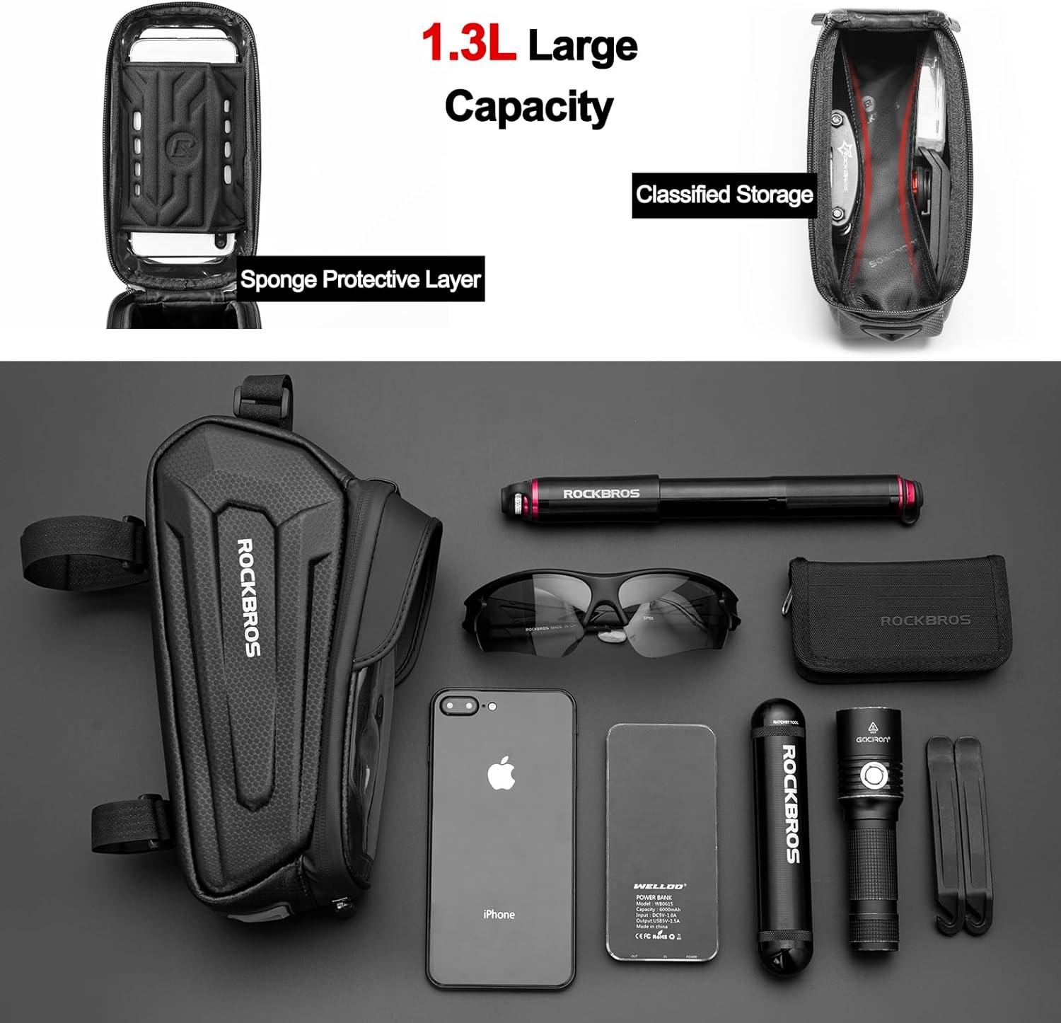 imageROCKBROS Bike Phone Mount Frame Bag Oversized EVA Waterproof Bike Phone Holder Bicycle Top Tube Front Frame Bag Bikes Accessories Gifts Pouch for Phones Under 75 Black17LBlack Hook and Loop 13L