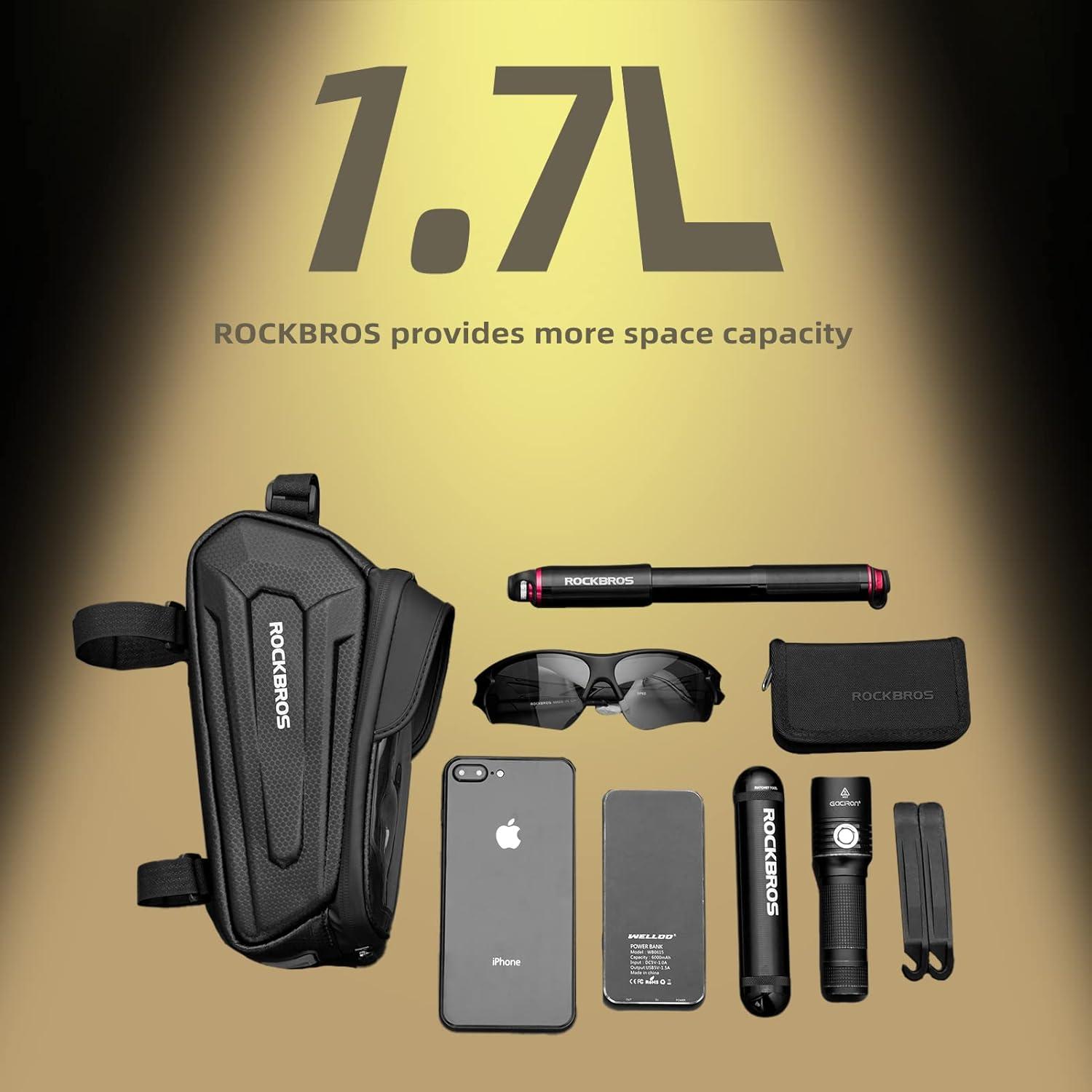 imageROCKBROS Bike Phone Mount Frame Bag Oversized EVA Waterproof Bike Phone Holder Bicycle Top Tube Front Frame Bag Bikes Accessories Gifts Pouch for Phones Under 75 Black17LBlack Hook and Loop 17L