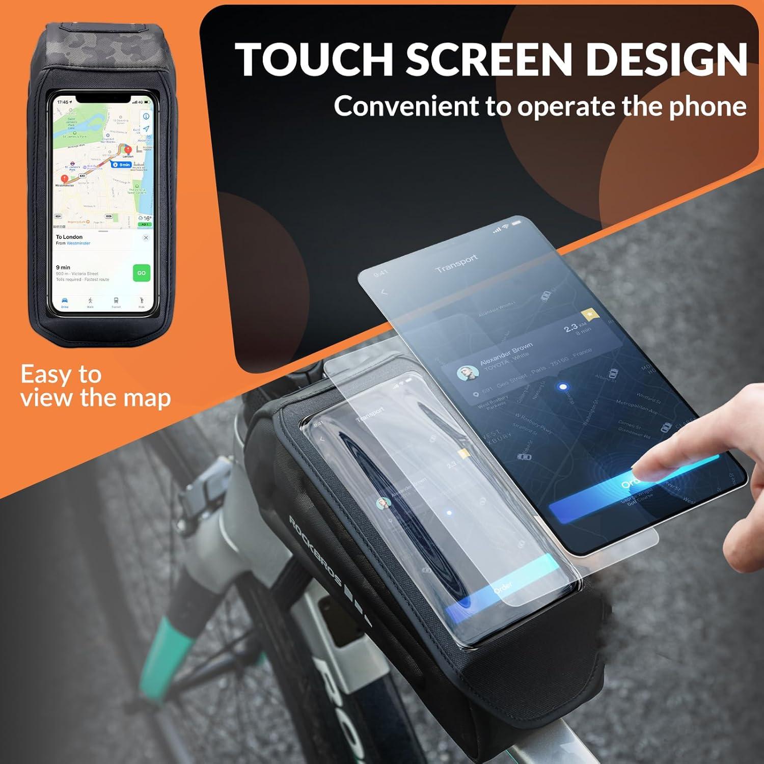 imageROCKBROS Bike Phone Mount Frame Bag Oversized EVA Waterproof Bike Phone Holder Bicycle Top Tube Front Frame Bag Bikes Accessories Gifts Pouch for Phones Under 75 Black17LCamo Hook and Loop 17L