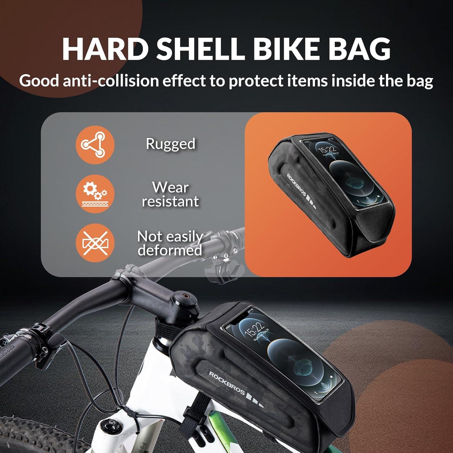 imageROCKBROS Bike Phone Mount Frame Bag Oversized EVA Waterproof Bike Phone Holder Bicycle Top Tube Front Frame Bag Bikes Accessories Gifts Pouch for Phones Under 75 Black17LCamo Hook and Loop 17L
