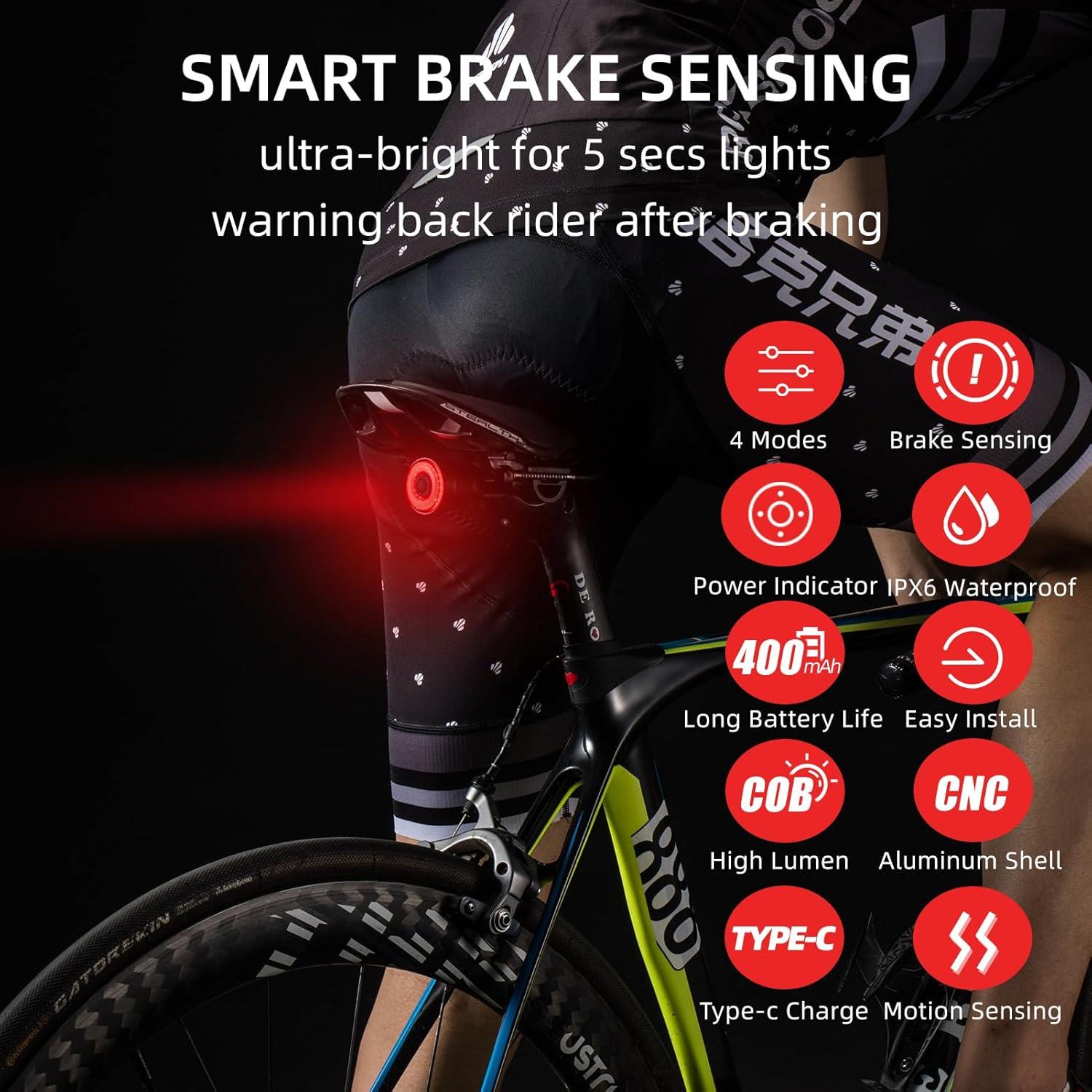 imageROCKBROS Bike Tail Light SmartBrake Sensing Bicycle Rear LightsUltra Bright LED Back LightsType C USB RechargeableIPX6 WaterproofCycling Safety Taillight AccessoriesDual Bracket Mount