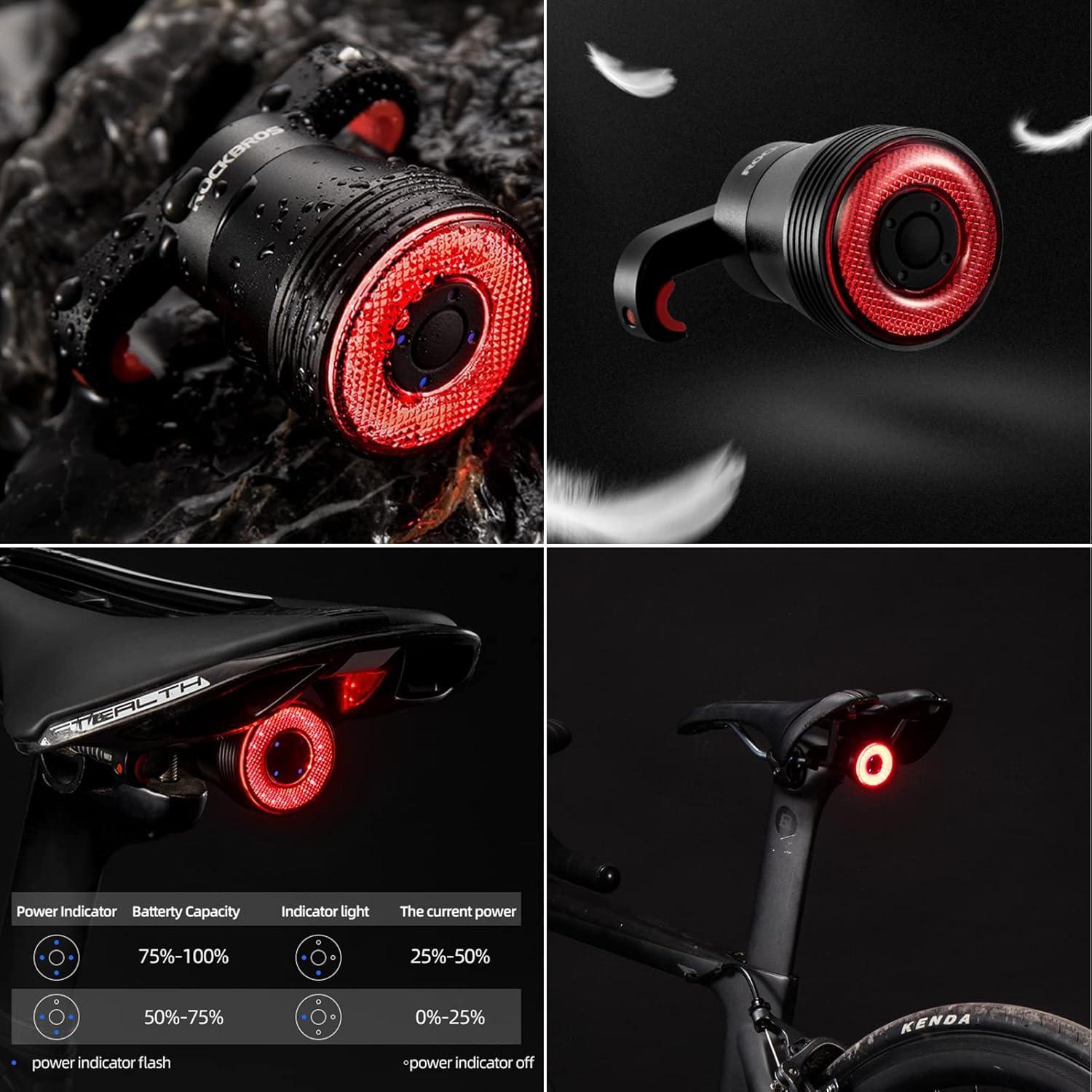 imageROCKBROS Bike Tail Light SmartBrake Sensing Bicycle Rear LightsUltra Bright LED Back LightsType C USB RechargeableIPX6 WaterproofCycling Safety Taillight AccessoriesDual Bracket Mount