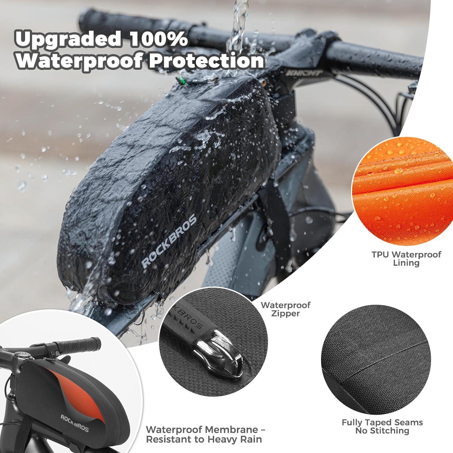 imageROCKBROS Bike Top Tube Bag Bicycle Front Frame Bag Waterproof Bike Pouch PackPhone Bag Cycling Accessories Pouch for Mountain Road Bike MediumGrid BlackWaterproof Membrane Enhanced