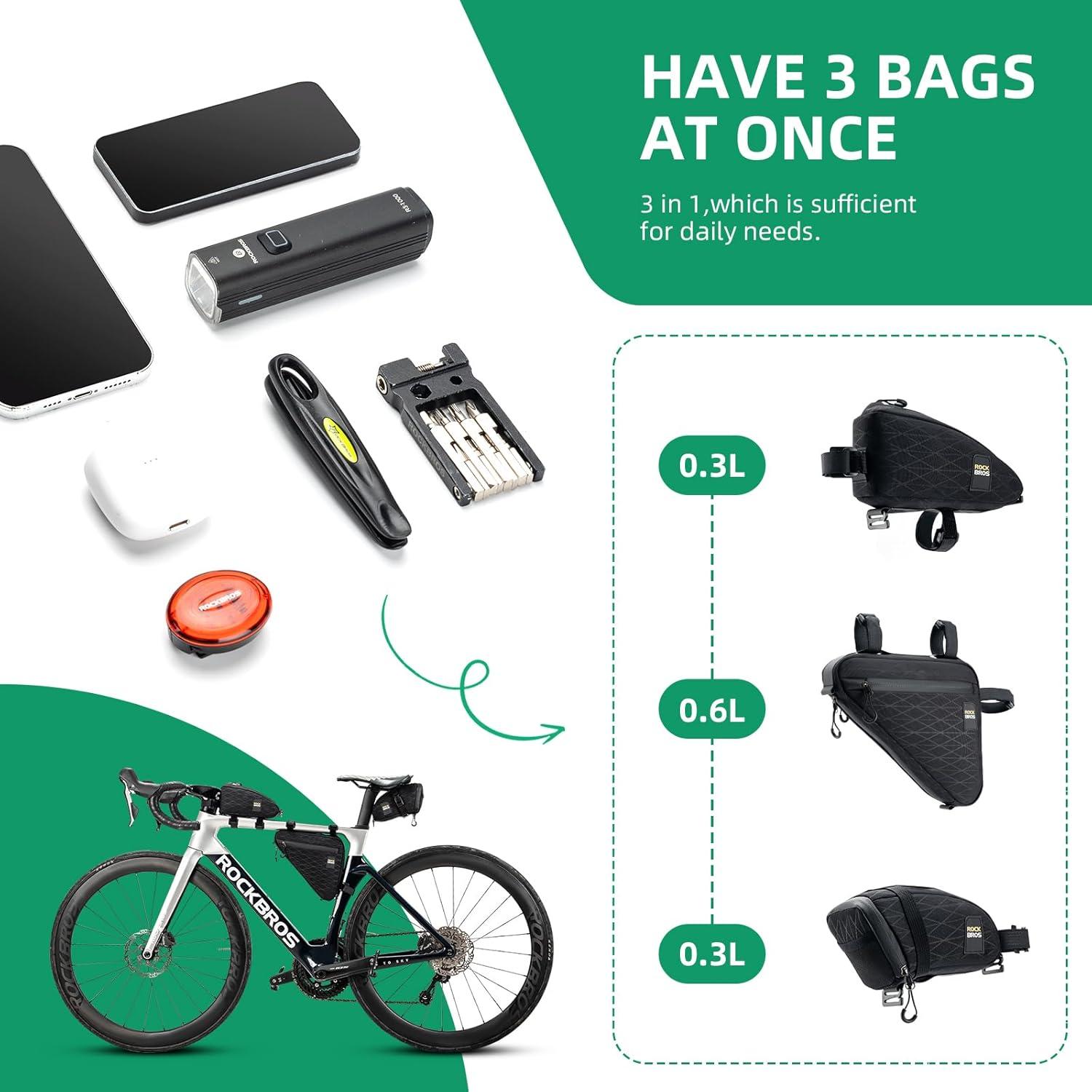 imageROCKBROS Bike Triangle Bag Bike Frame Bag Waterproof Bike Saddle Bag for Cycling Accessories Pouch for Mountain Road Bike 3 Pieces Combi